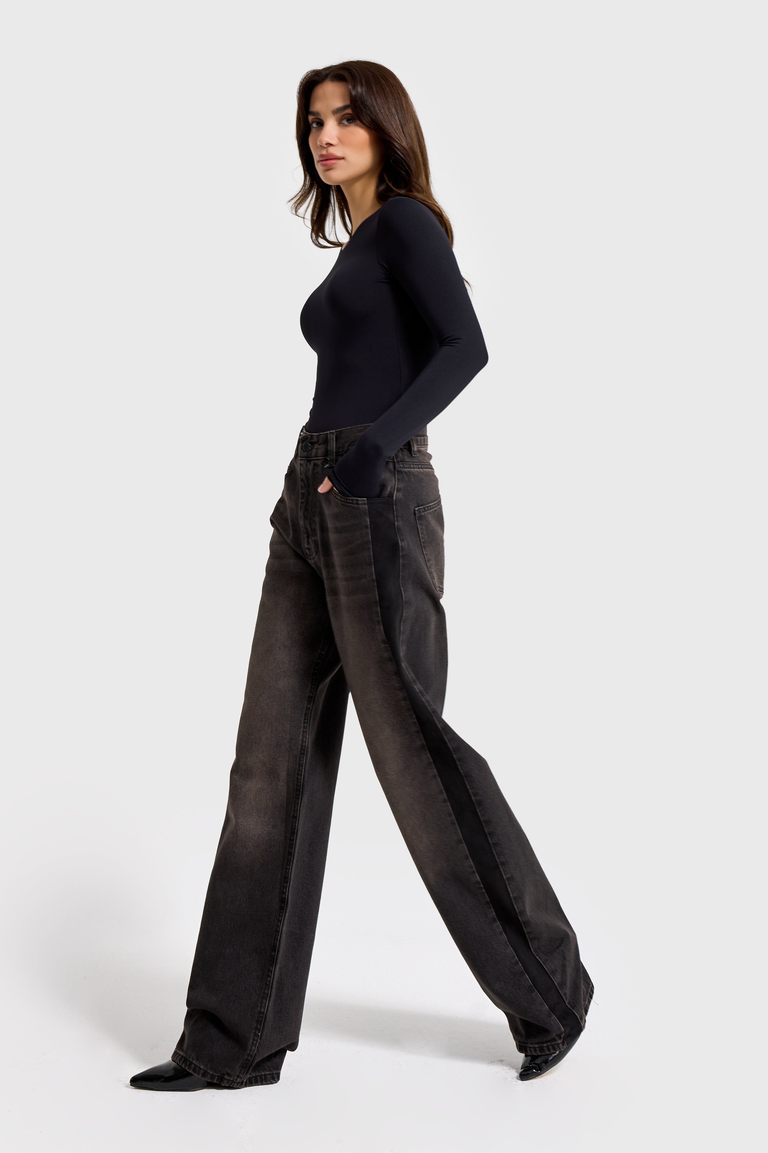 Kadın Füme Renk 2w5-62 Loose Fit Yan Süet Detaylı Özel Tasarım Denim Jean