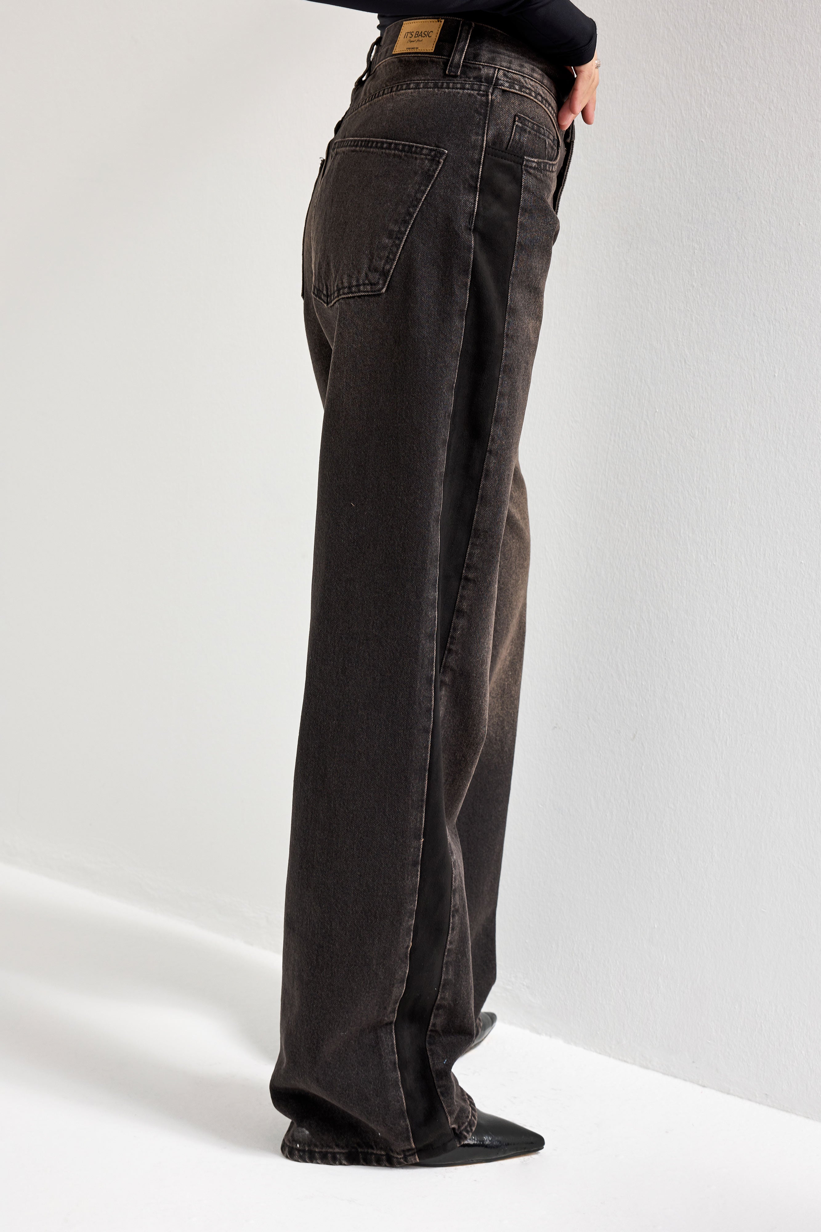 Kadın Füme Renk 2w5-62 Loose Fit Yan Süet Detaylı Özel Tasarım Denim Jean