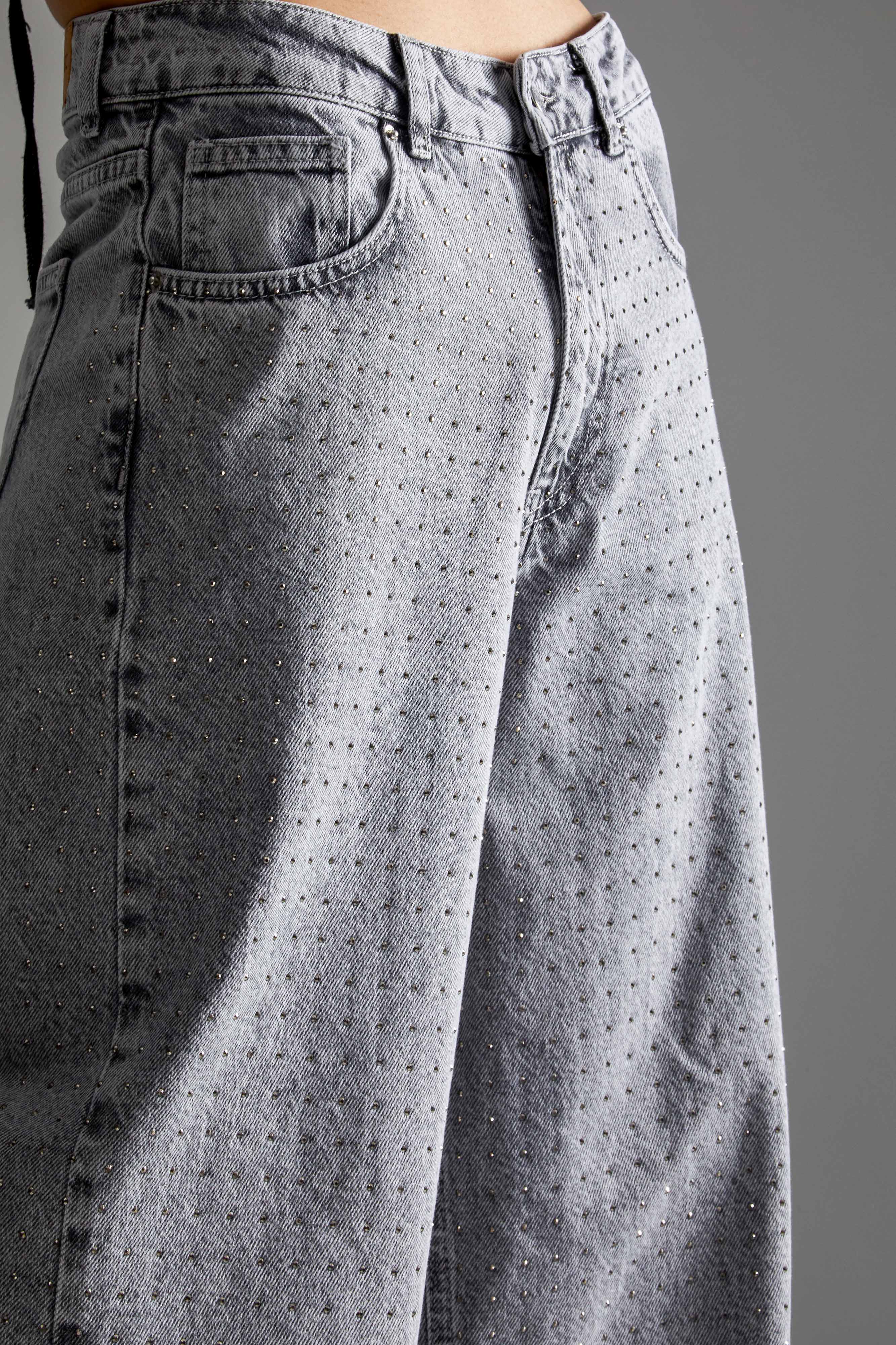 Kadın Füme Renk 3s5-12 Palazzo Fit Parlak Taş Detaylı Tasarım Denim Jean