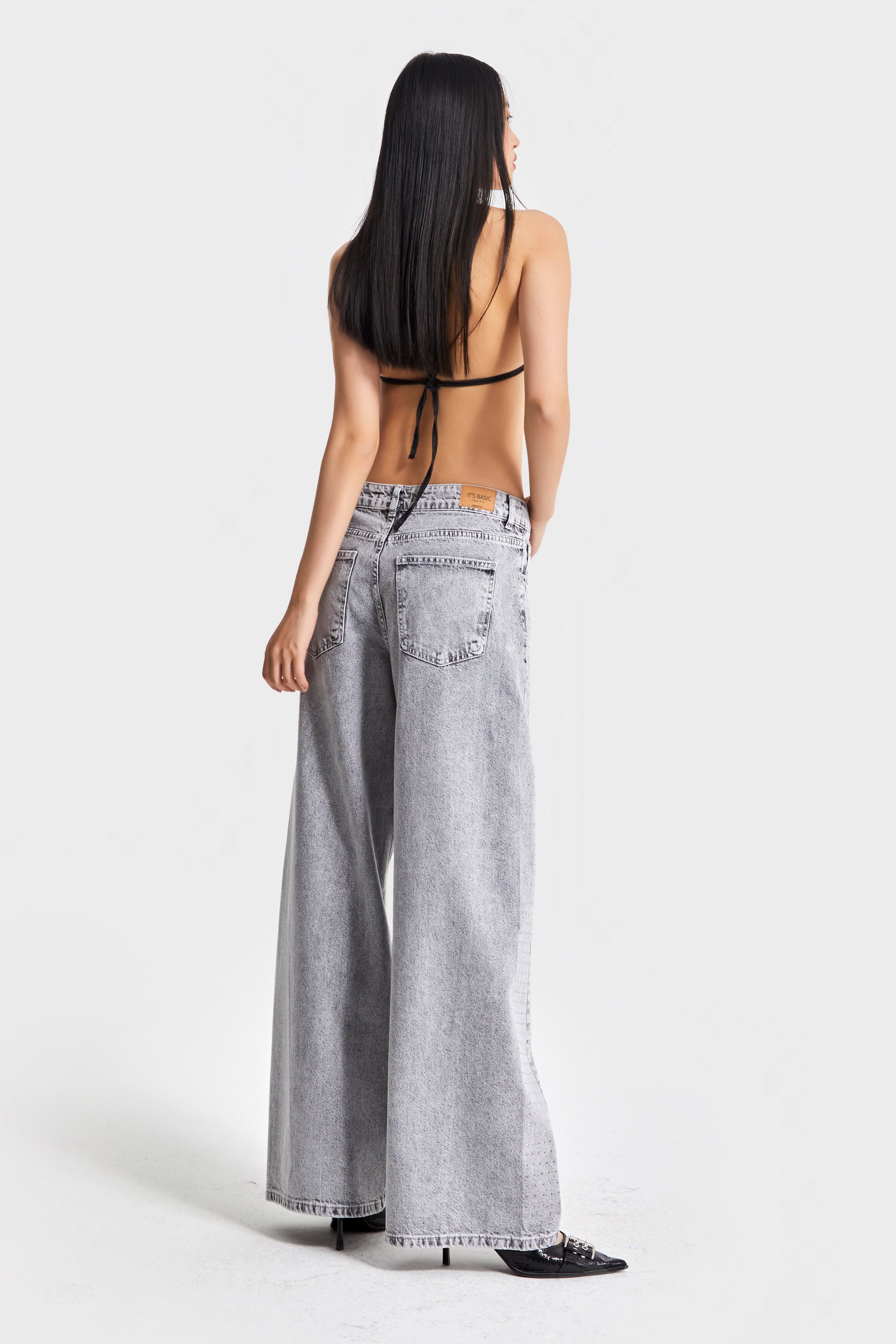 Kadın Füme Renk 3s5-12 Palazzo Fit Parlak Taş Detaylı Tasarım Denim Jean