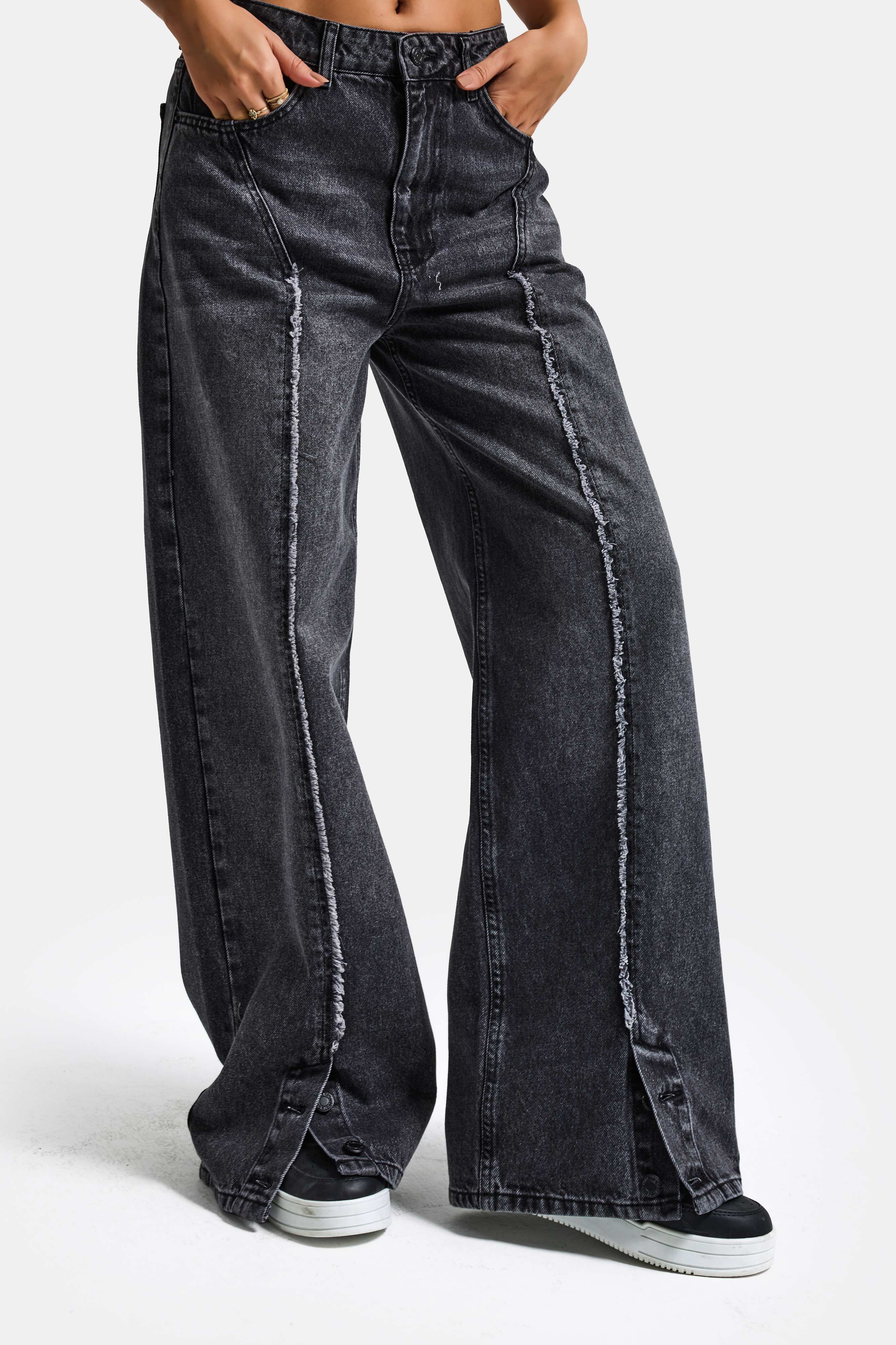 Kadın Füme Renk 4s6-14 Süper Baggy Paça Detaylı Tasarım Denim Jean