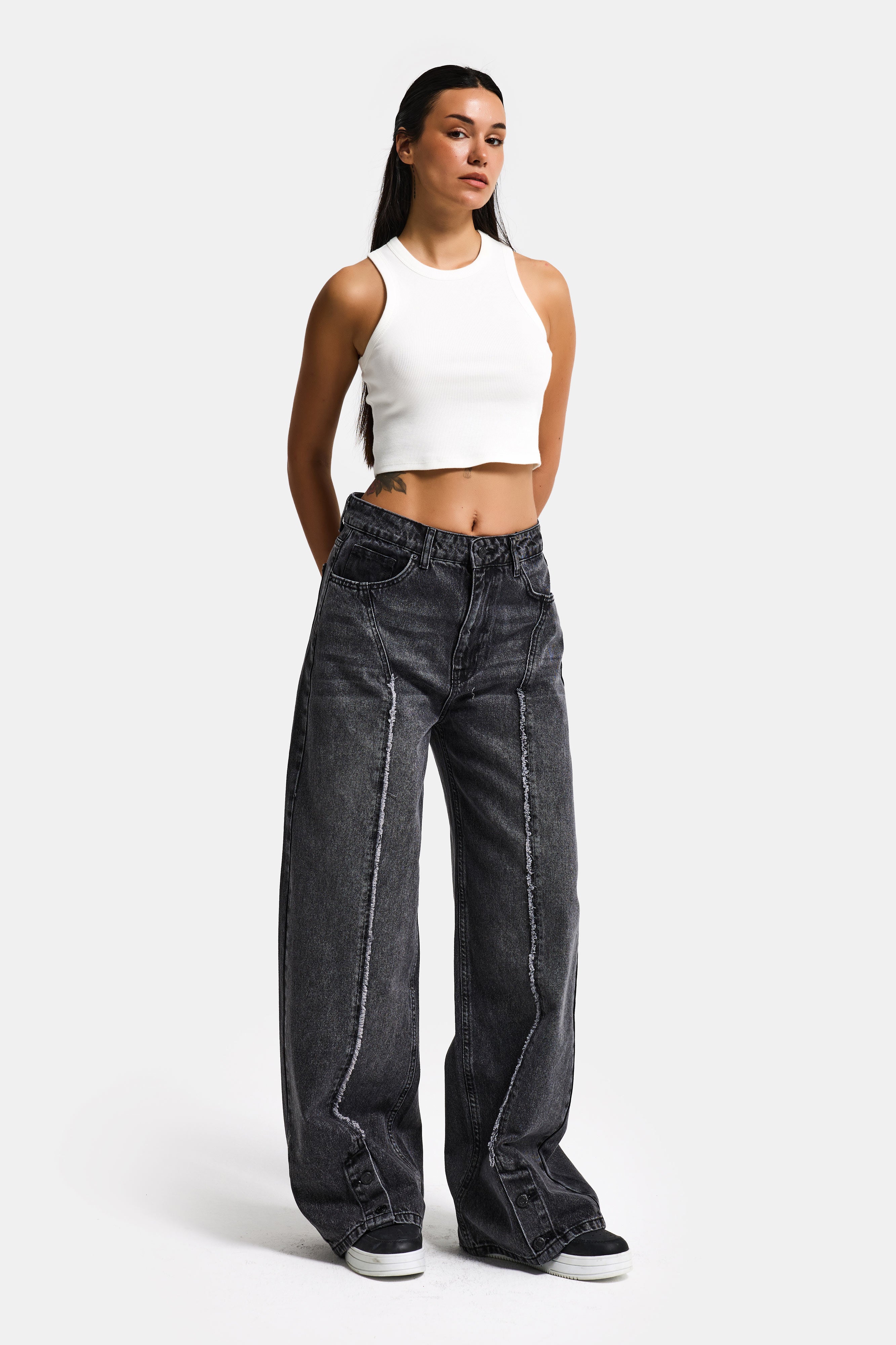 Kadın Füme Renk 4s6-14 Süper Baggy Paça Detaylı Tasarım Denim Jean