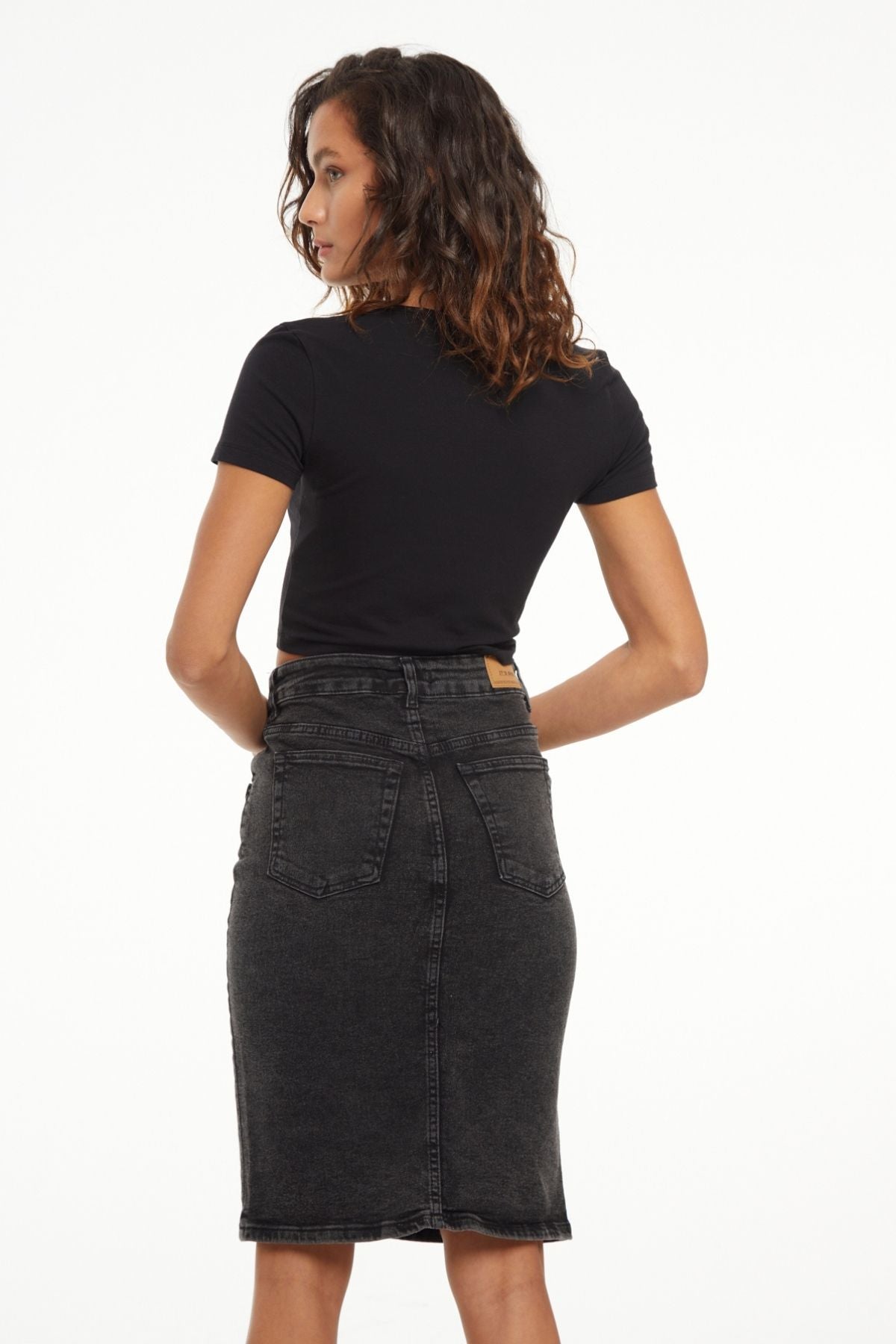 Women's Smoke Color Lycra Midi Length High Waist Slit Jean Skirt