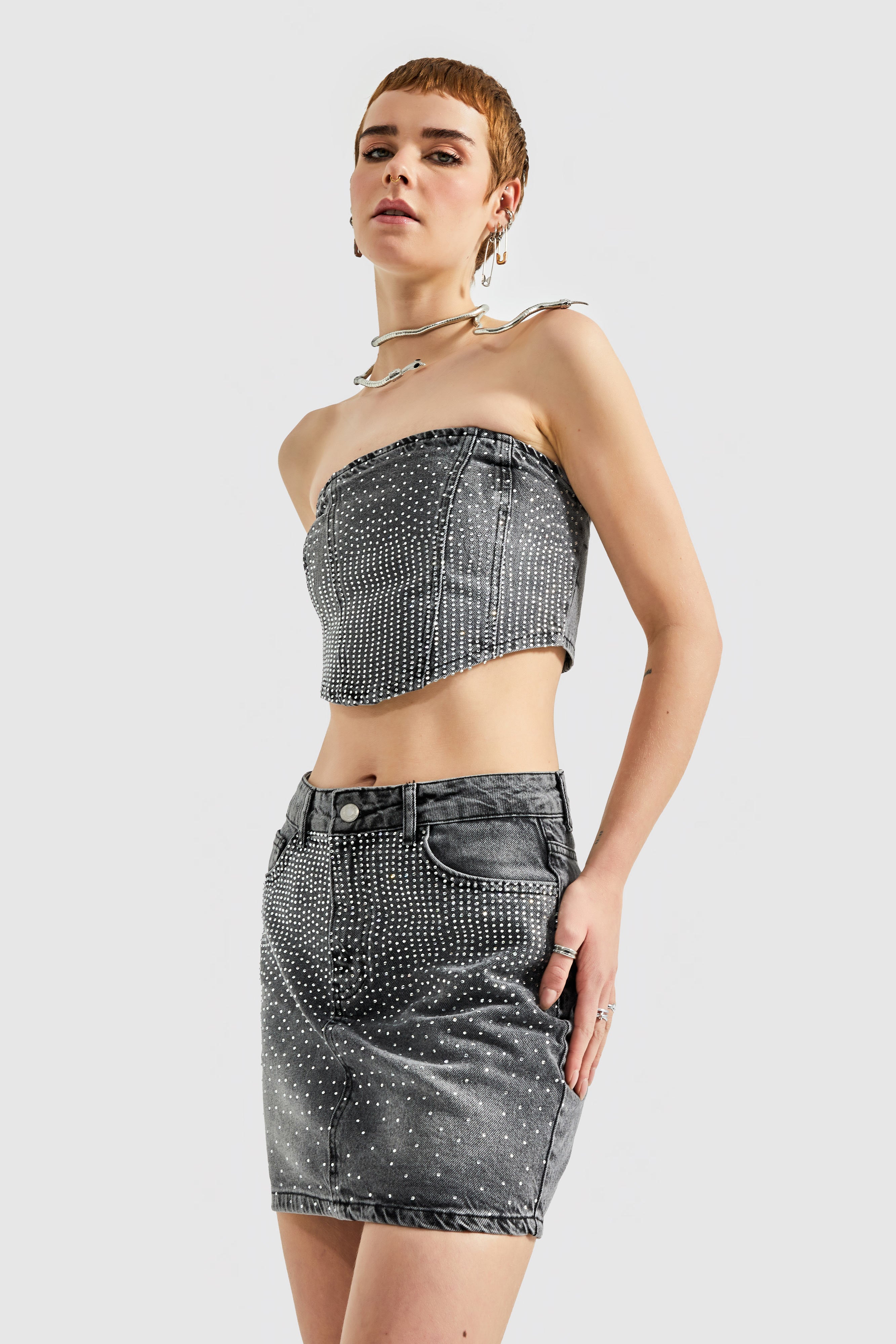 Women's Smoke Color Front Shiny Stone Strapless Bustier