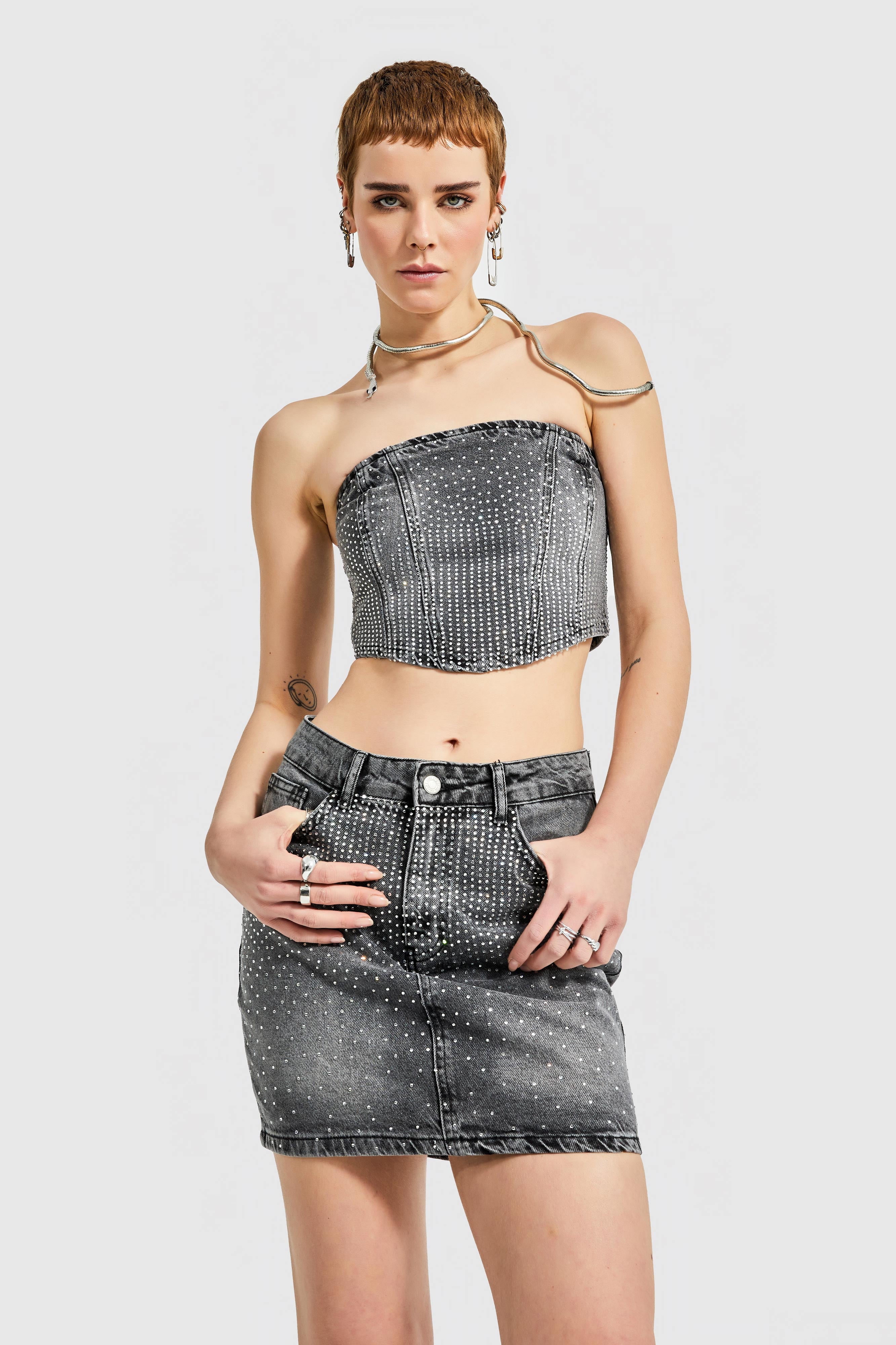Women's Smoke Color Front Shiny Stone Strapless Bustier