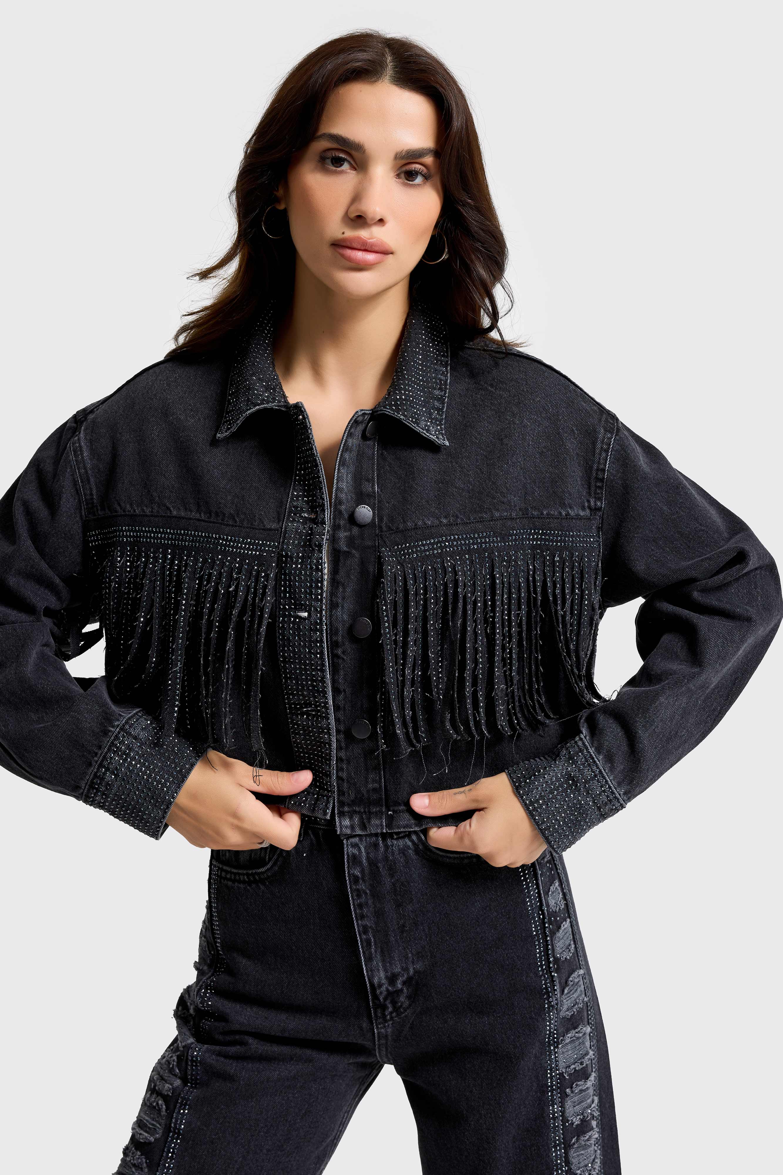 Kadın Füme Renk T-1w5-1 Crop Fit Düğmeli Özel Tasarım Denim Ceket