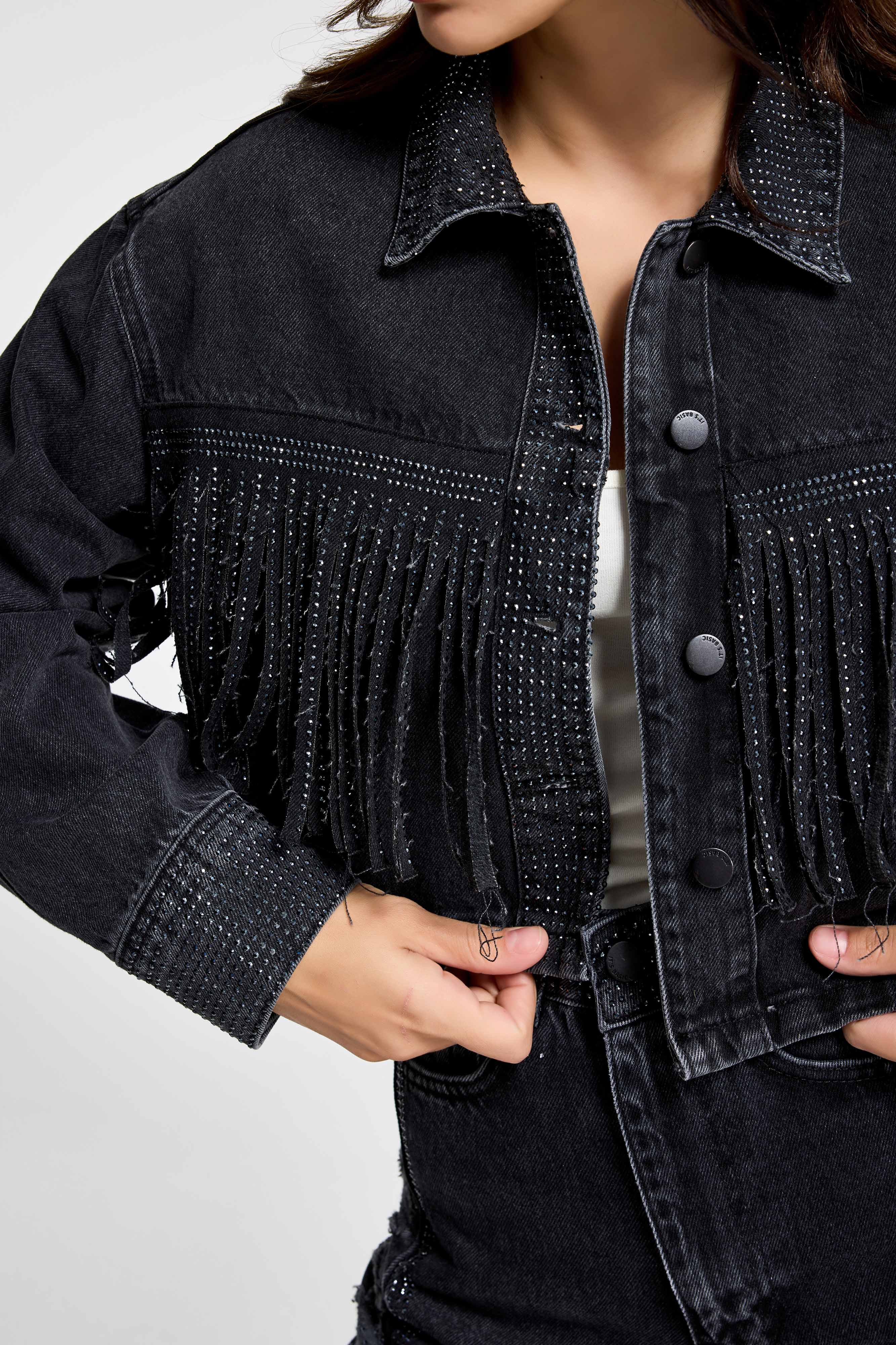 Kadın Füme Renk T-1w5-1 Crop Fit Düğmeli Özel Tasarım Denim Ceket