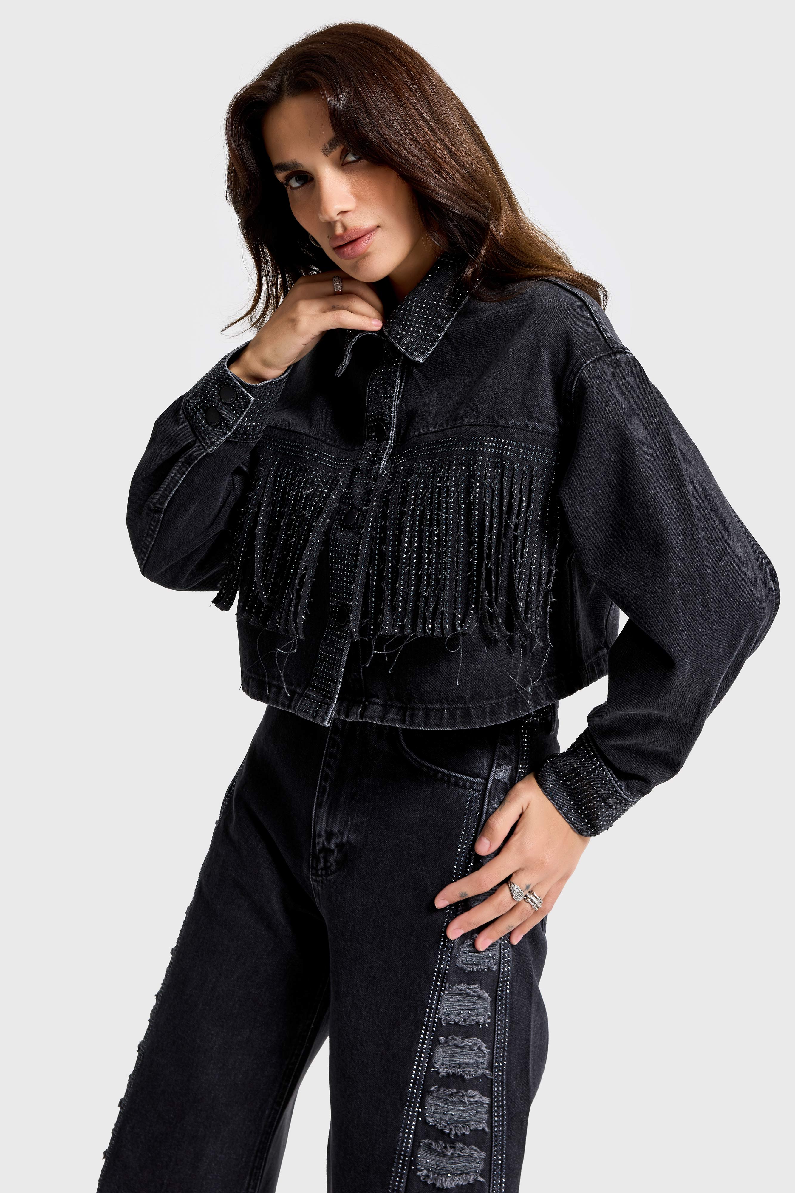 Kadın Füme Renk T-1w5-1 Crop Fit Düğmeli Özel Tasarım Denim Ceket