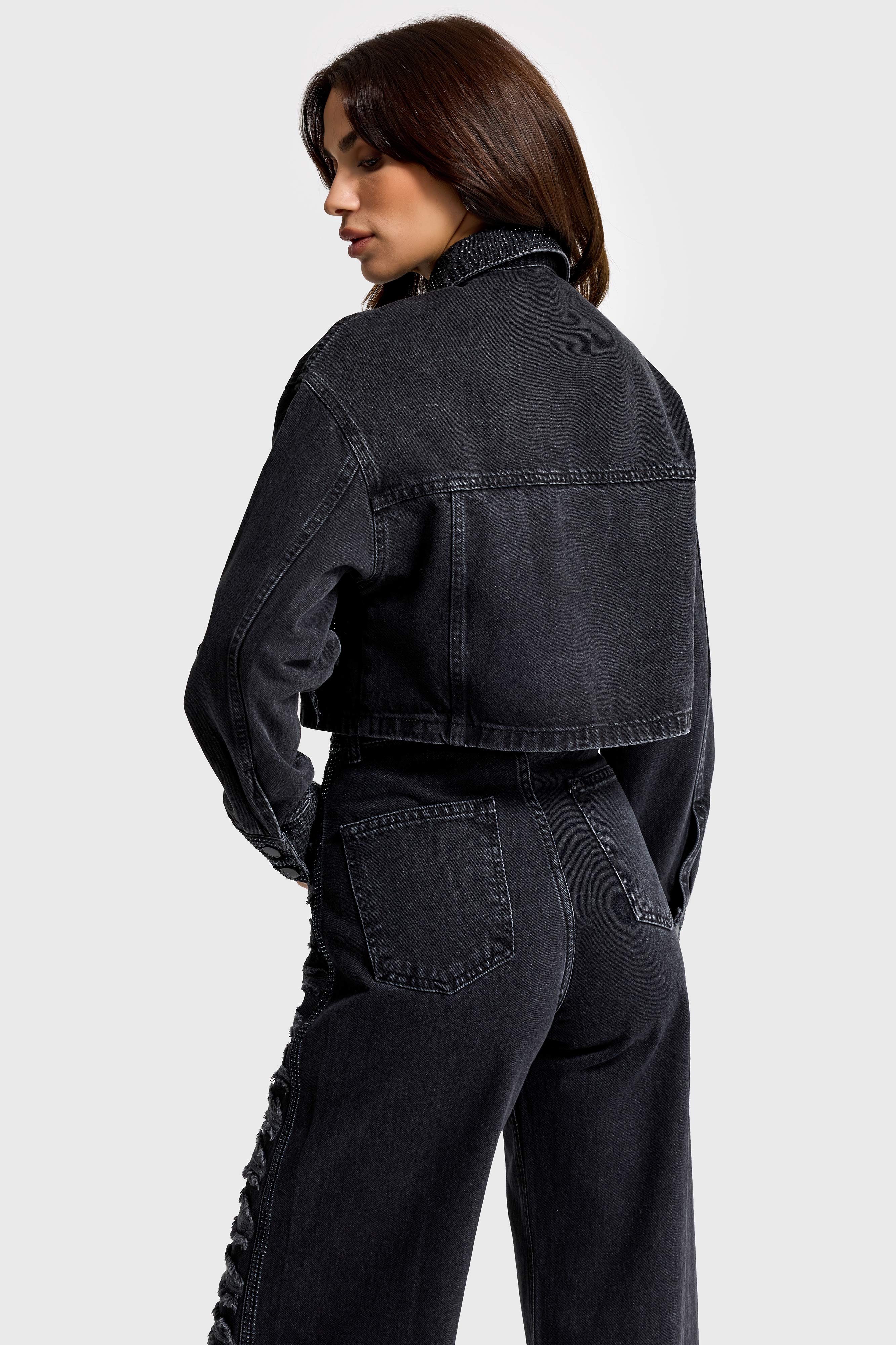 Kadın Füme Renk T-1w5-1 Crop Fit Düğmeli Özel Tasarım Denim Ceket