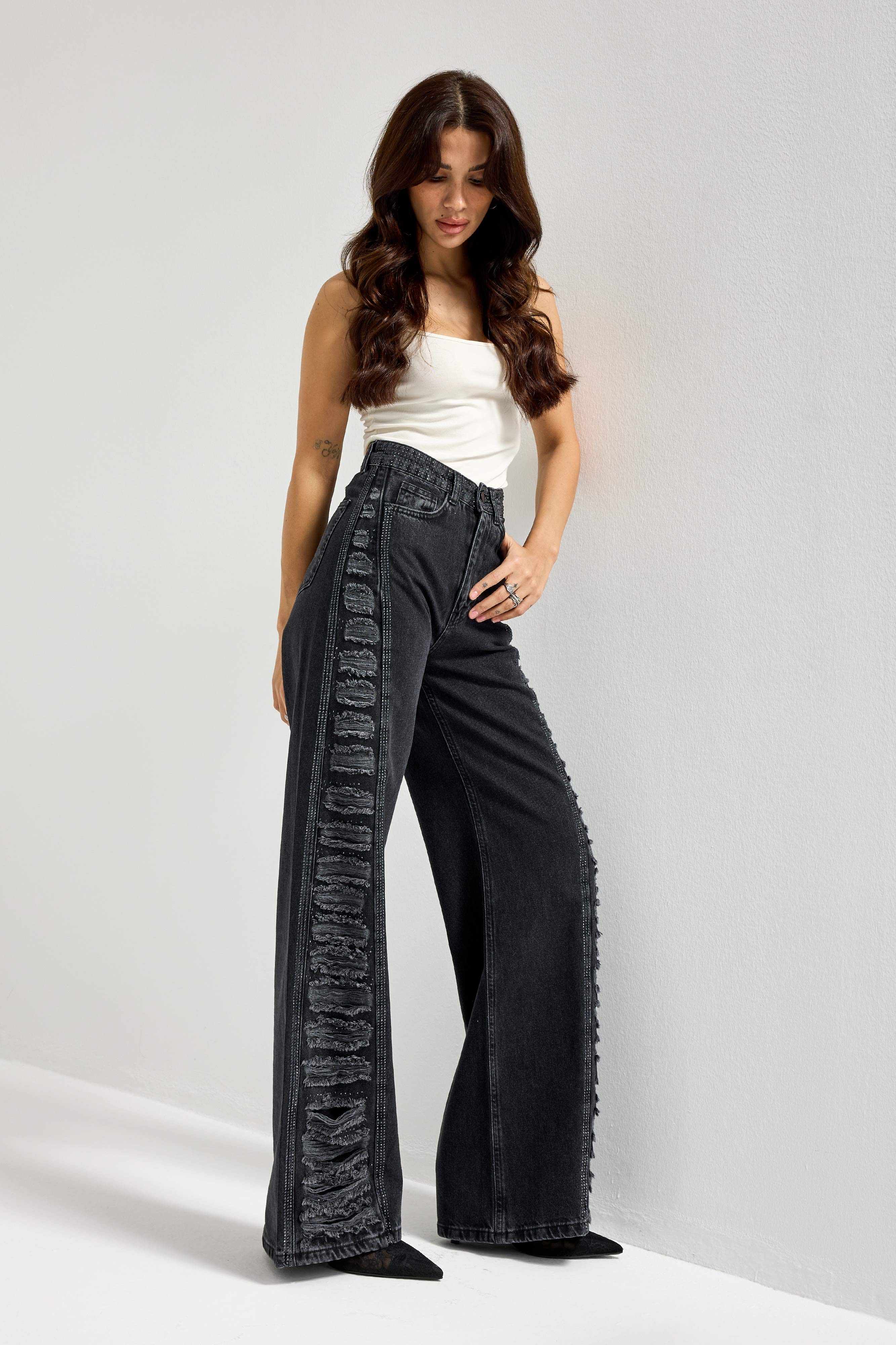 Kadın Füme Renk T-9w5-1 Flare Fit Özel Tasarım %100 Koton Denim Jean