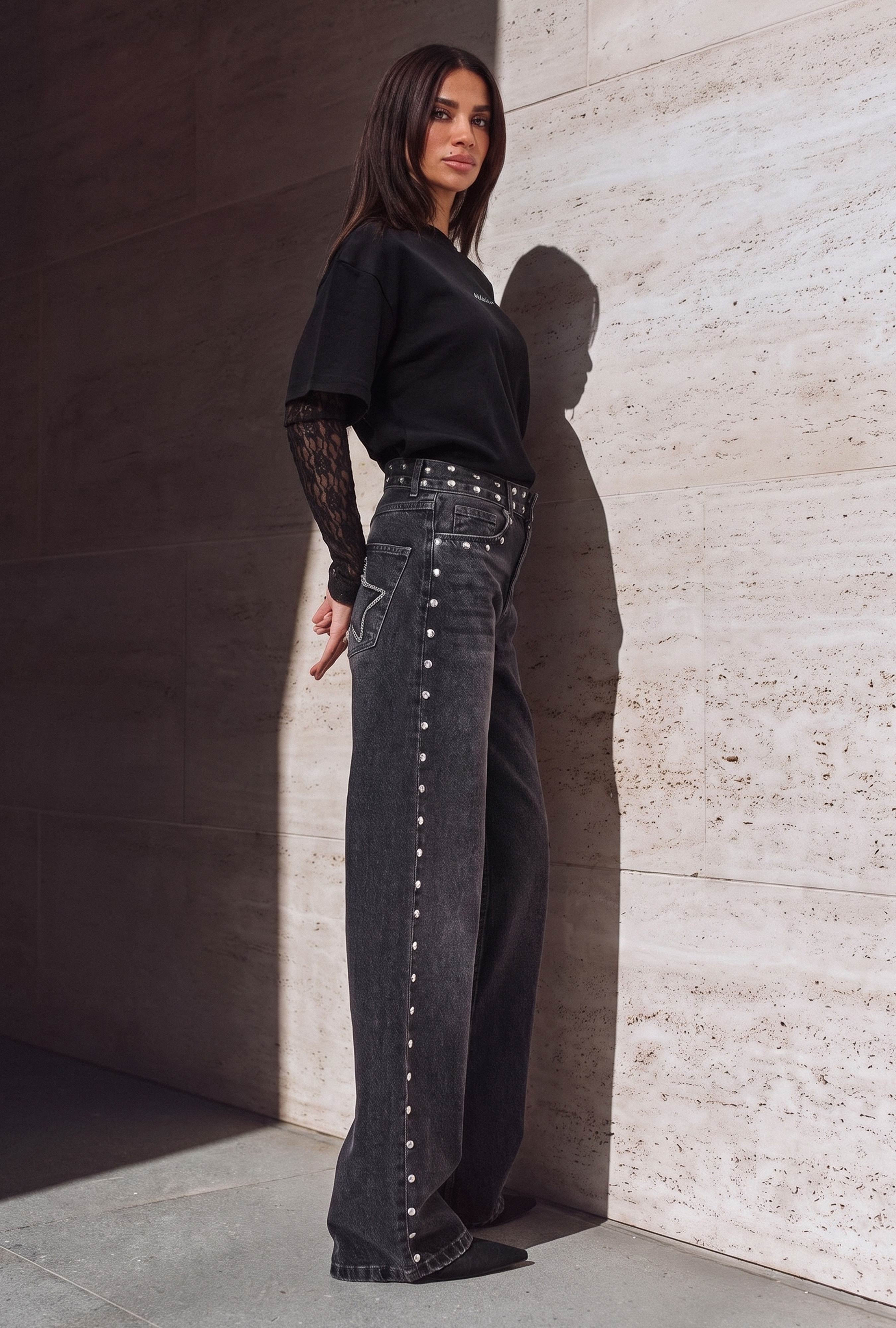 Kadın Füme T-2w6-13 Loose Fit Drop Detaylı Tasarım Denim Jean