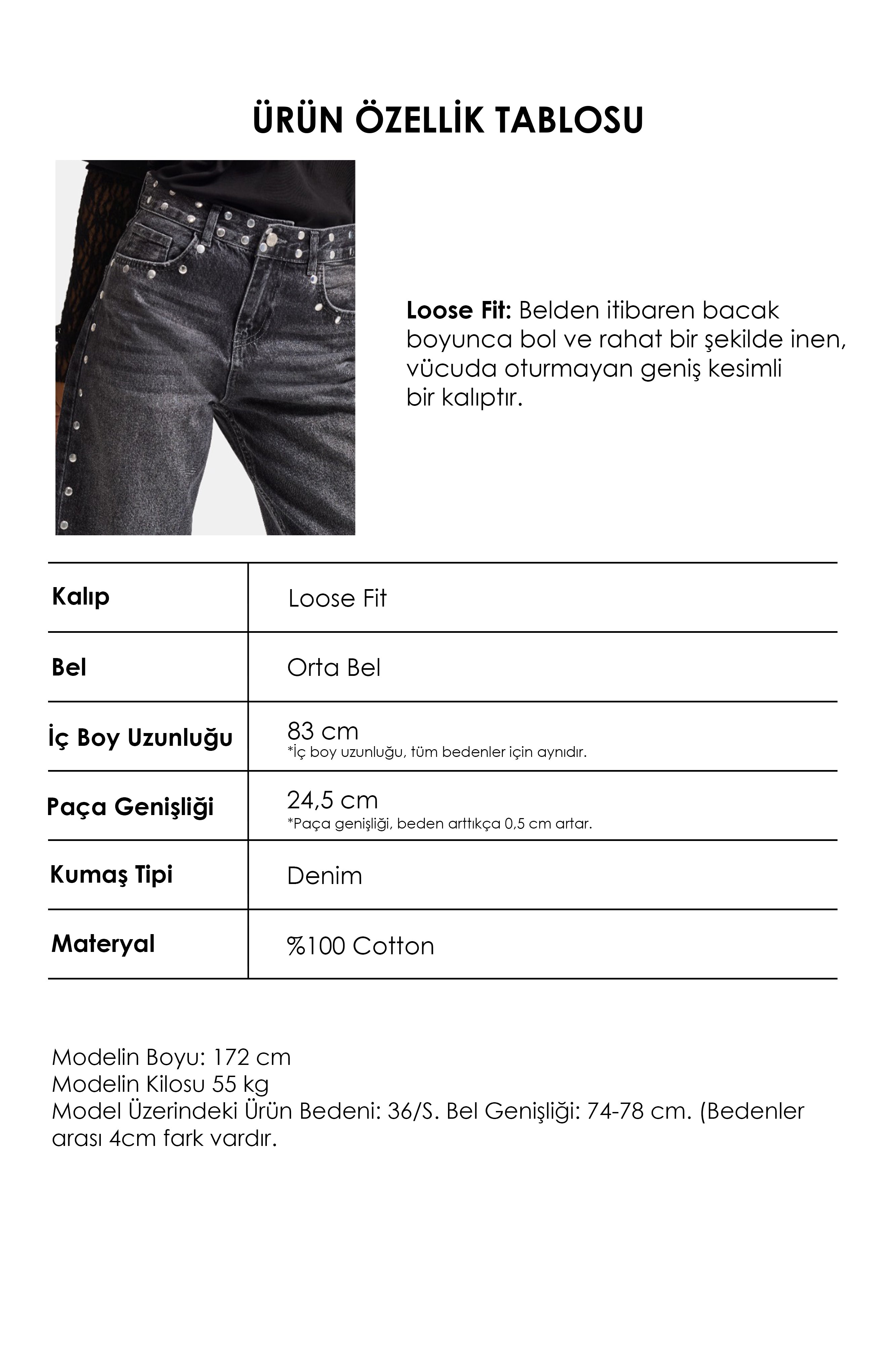 Kadın Füme T-2w6-13 Loose Fit Drop Detaylı Tasarım Denim Jean