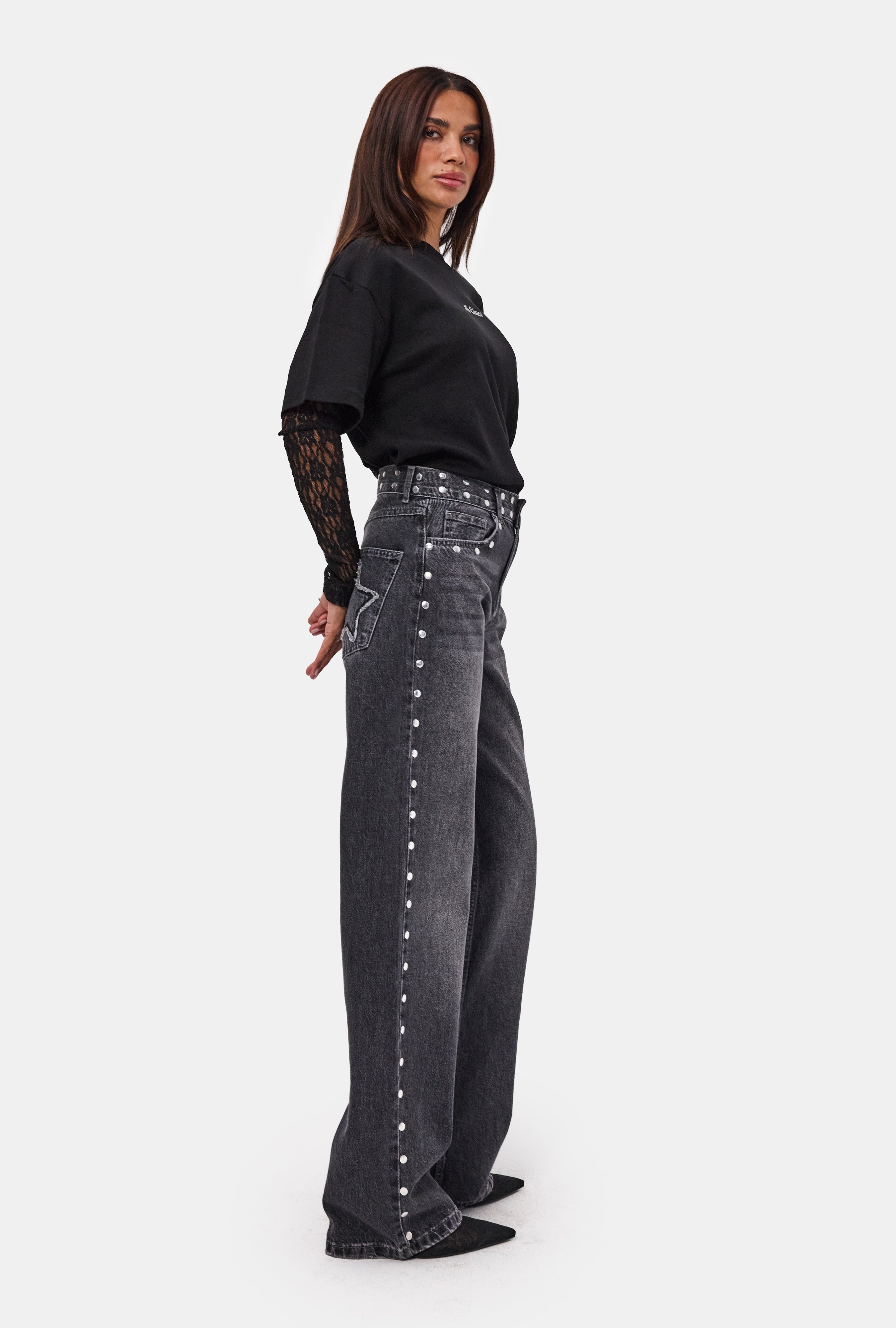 Kadın Füme T-2w6-13 Loose Fit Drop Detaylı Tasarım Denim Jean