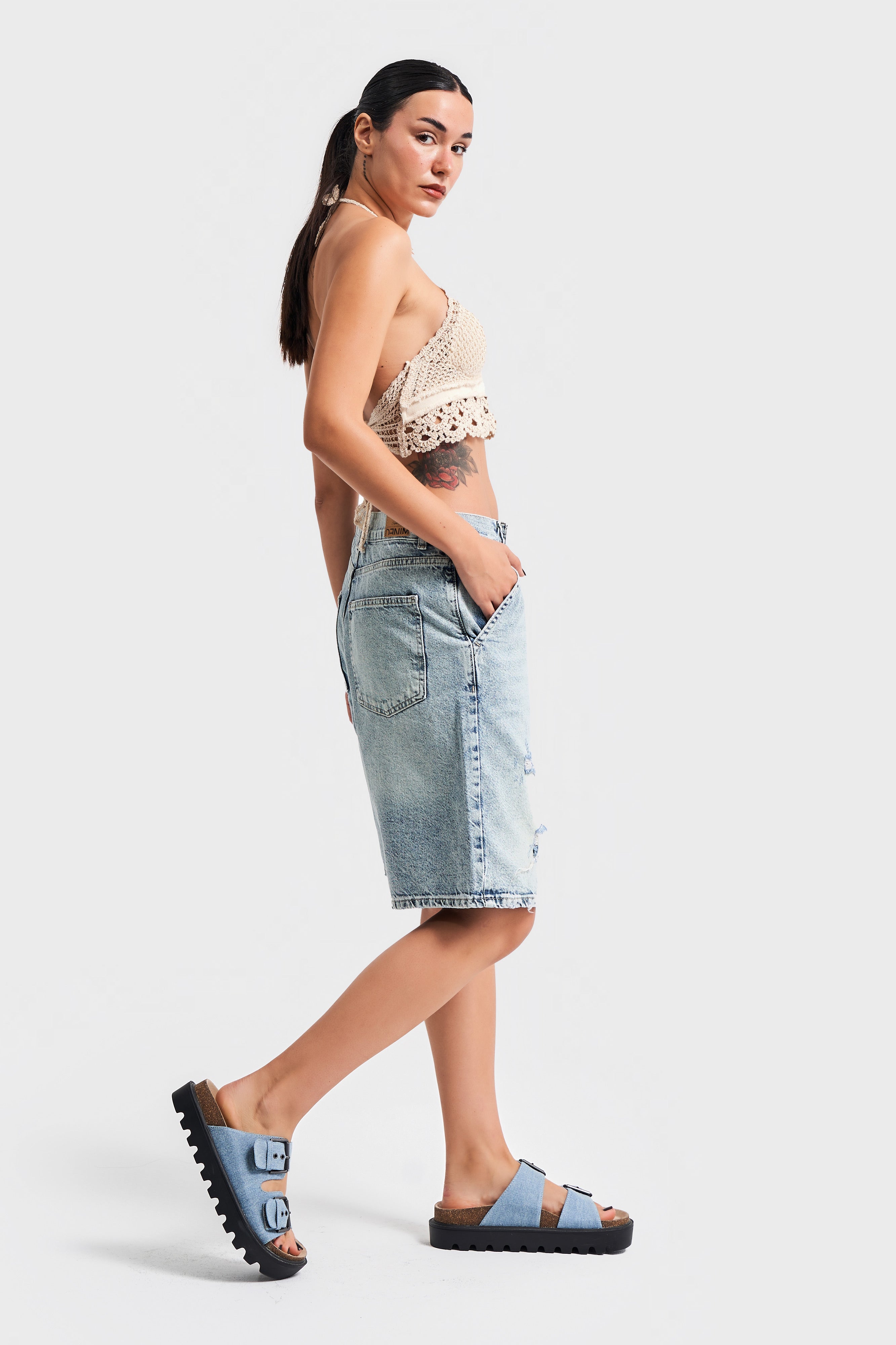 Women's G Jeans Color Baggy Fit Loose Cut Ripped Detail Denim Shorts