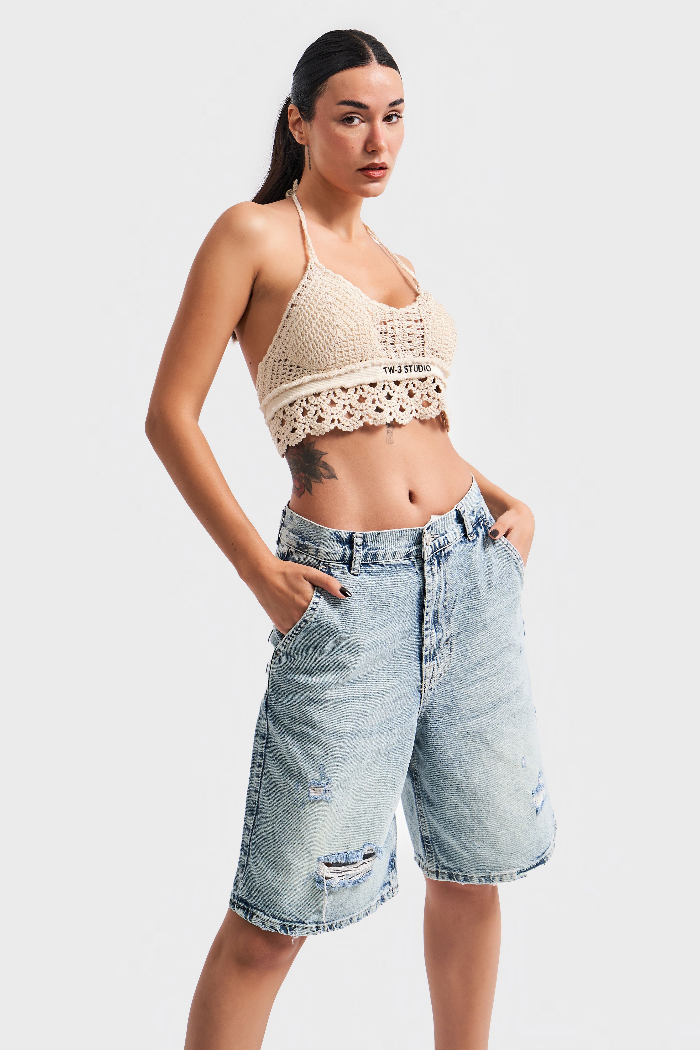 Women's G Jeans Color Baggy Fit Loose Cut Ripped Detail Denim Shorts