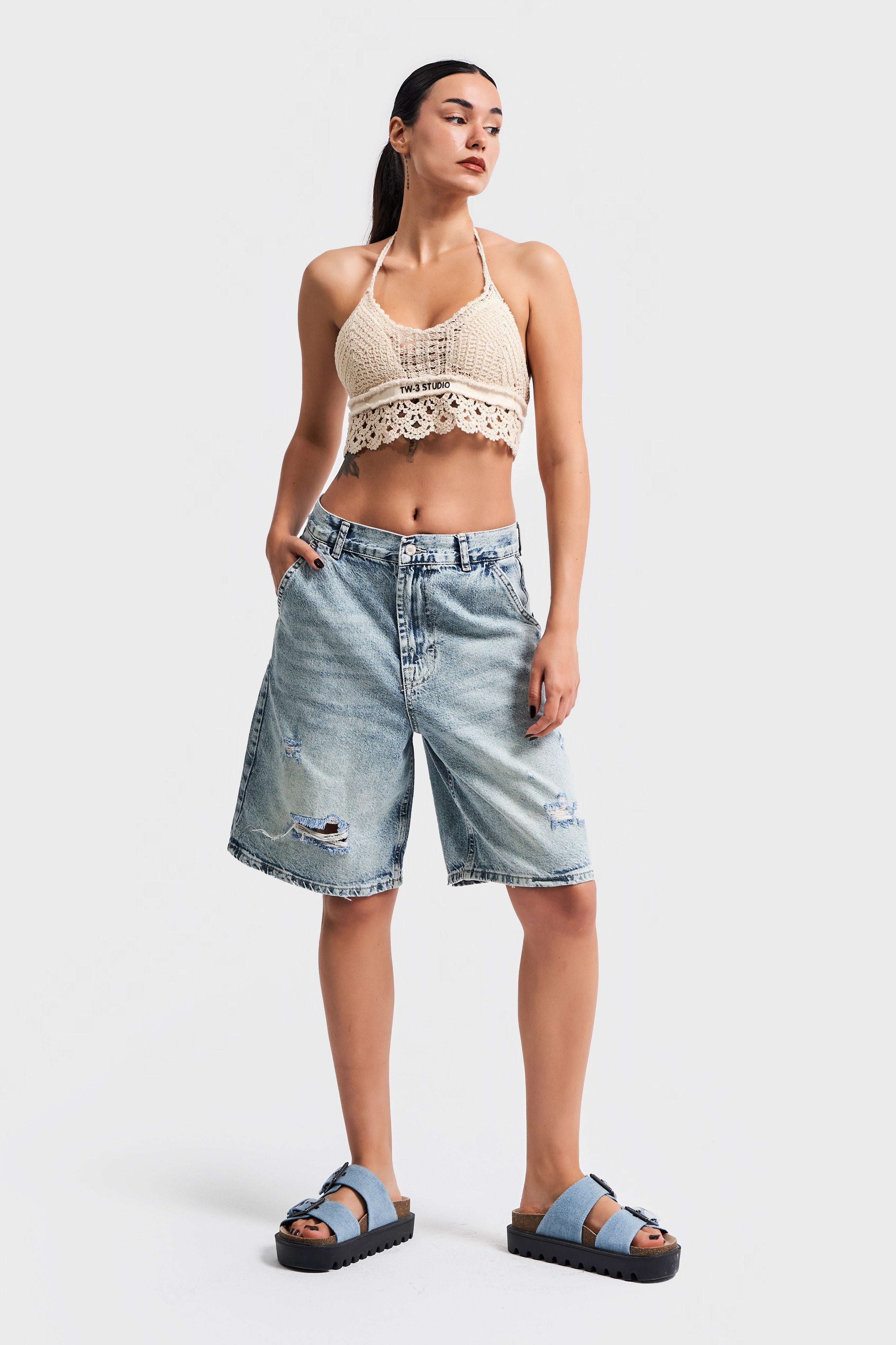 Women's G Jeans Color Baggy Fit Loose Cut Ripped Detail Denim Shorts