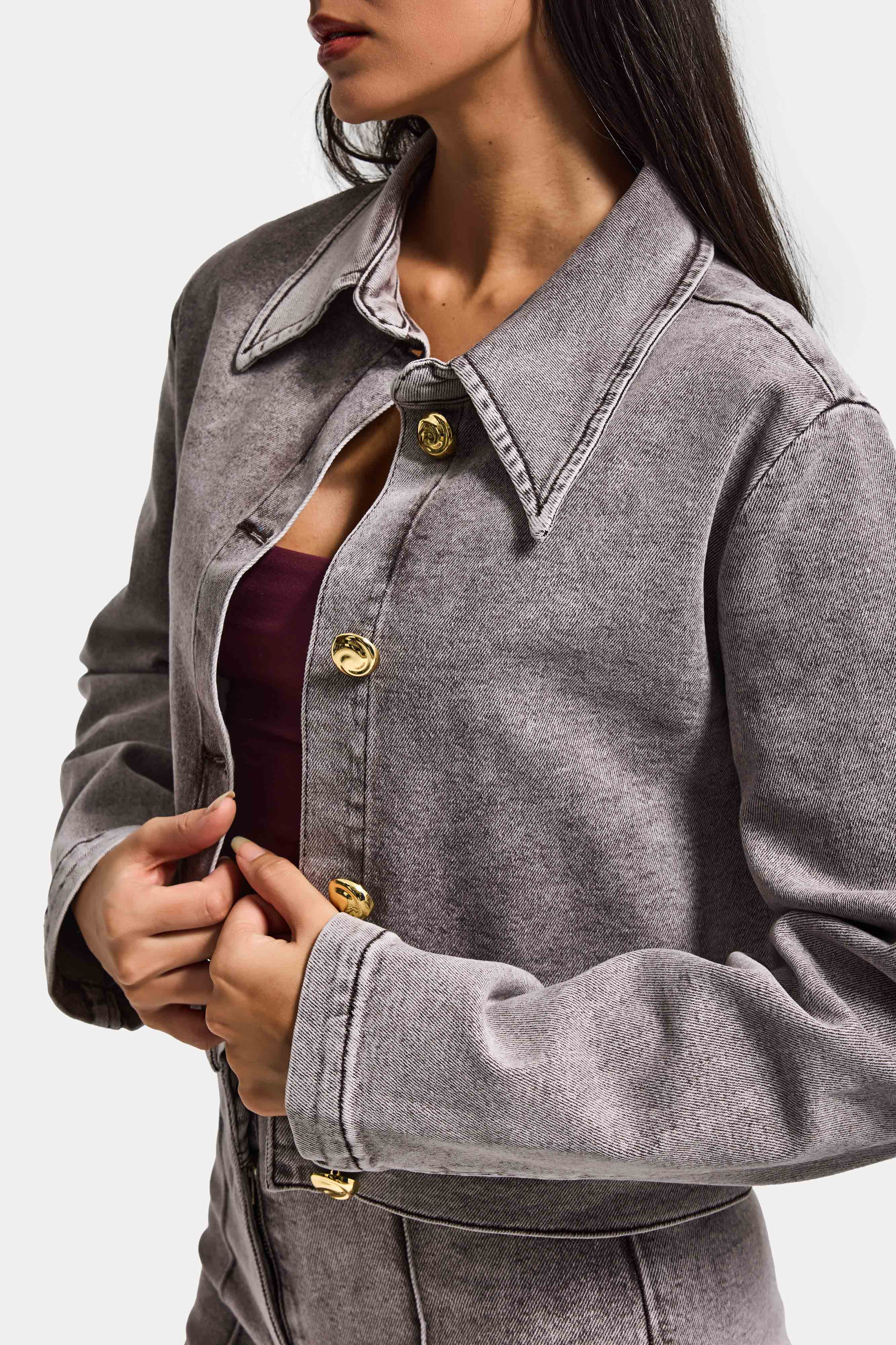 Kadın Gri 3s6-158 Crop Fit Esnek Kumaş Düğmeli Denim Ceket