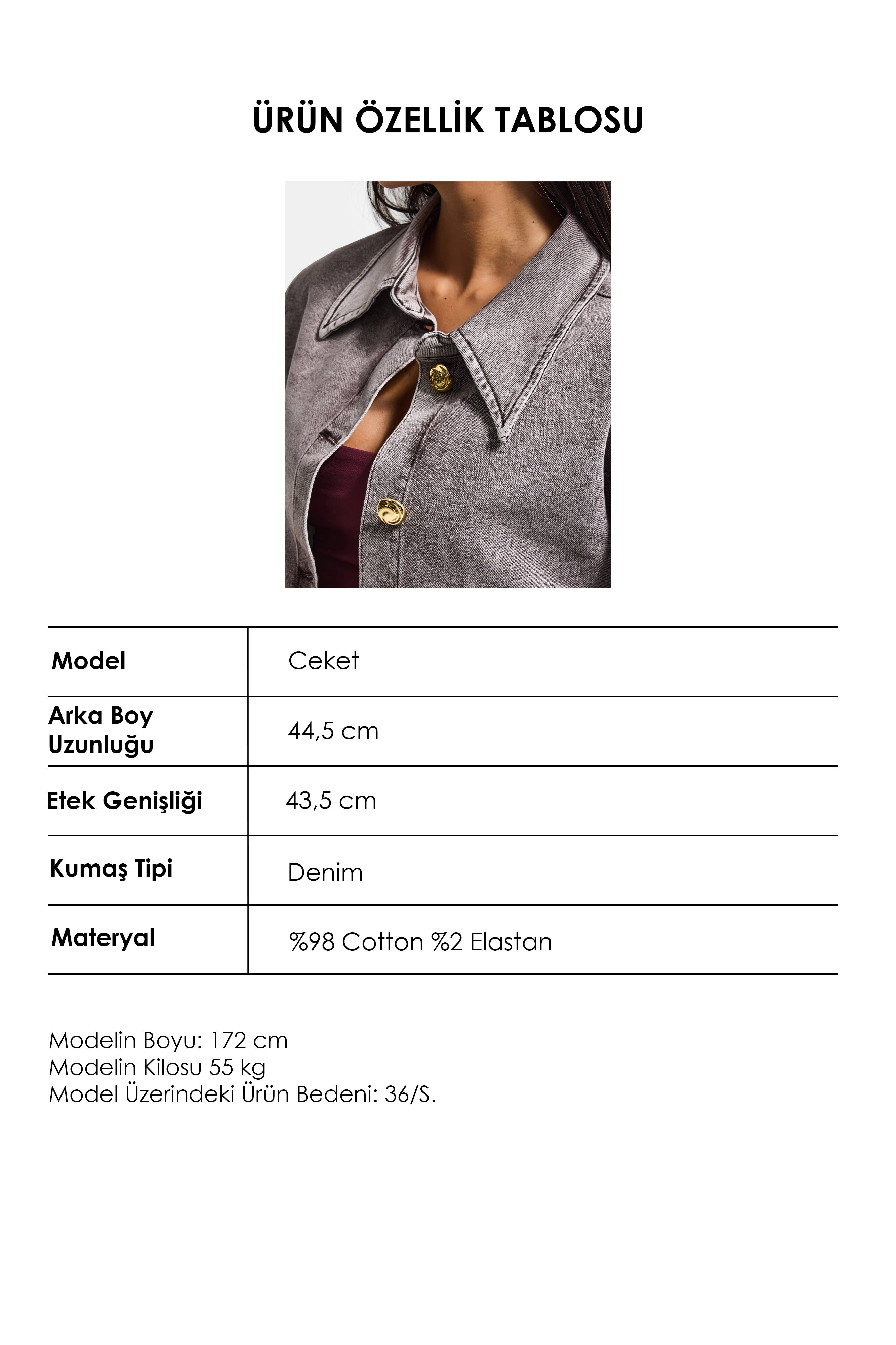 Kadın Gri 3s6-158 Crop Fit Esnek Kumaş Düğmeli Denim Ceket