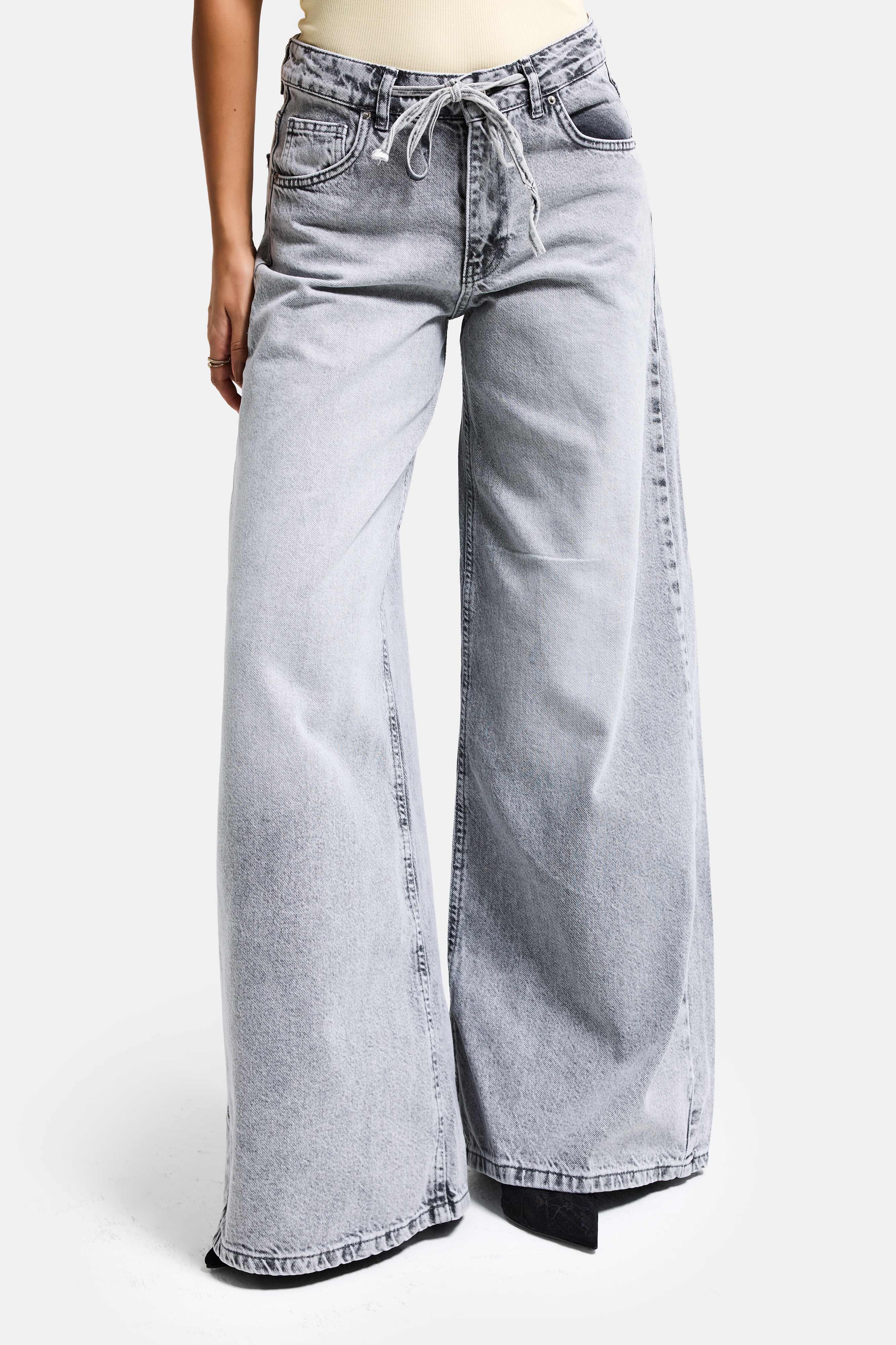 Kadın Gri 4s5-12 Palazzo Fit Bağcıklı %100 Koton Denim Jean