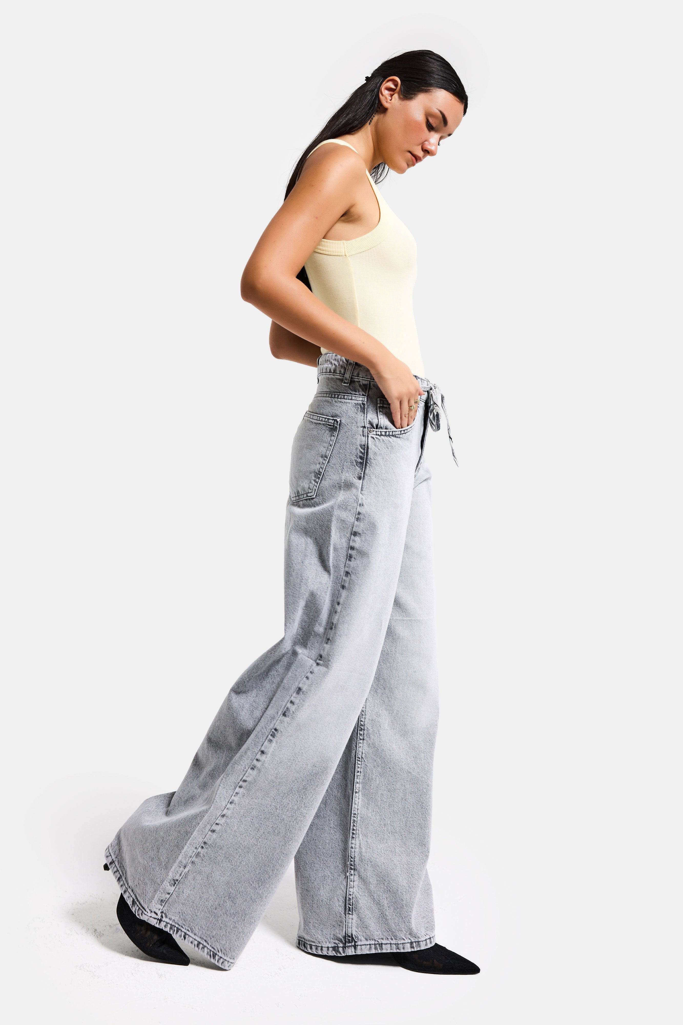 Kadın Gri 4s5-12 Palazzo Fit Bağcıklı %100 Koton Denim Jean