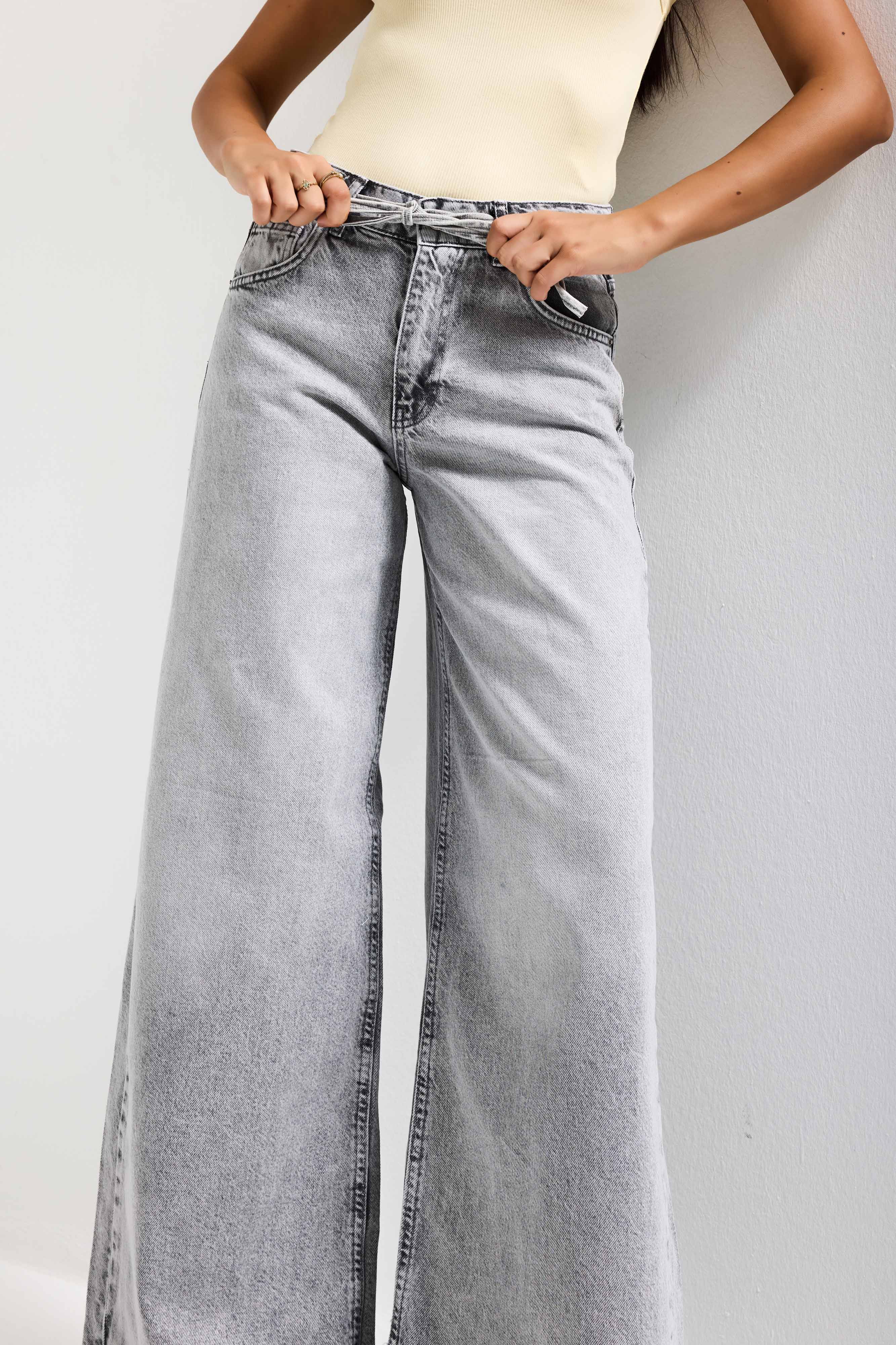 Kadın Gri 4s5-12 Palazzo Fit Bağcıklı %100 Koton Denim Jean