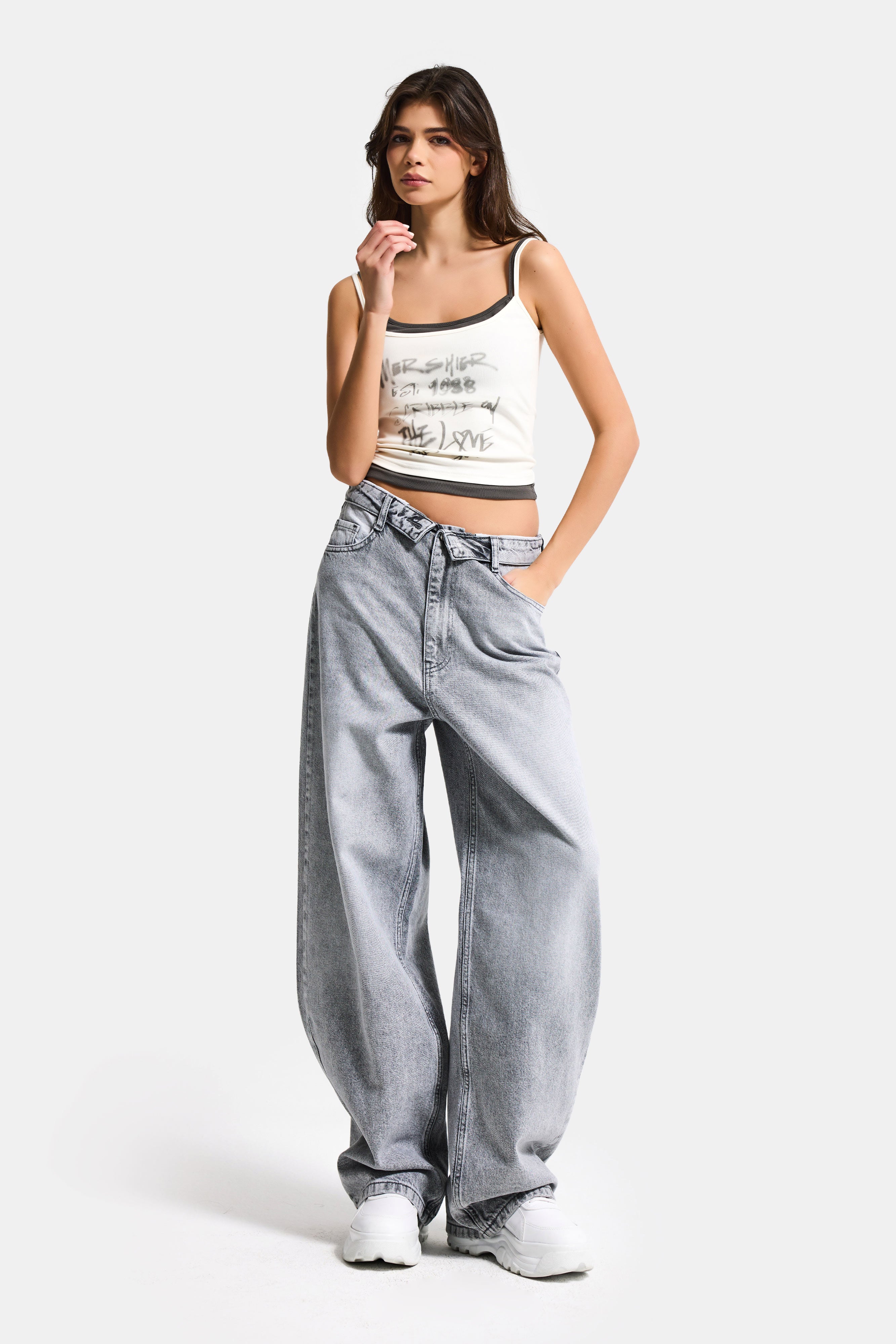 Kadın Gri 4s6-12 Straight Fit Kemer Detaylı Özel Tasarım Denim Jean