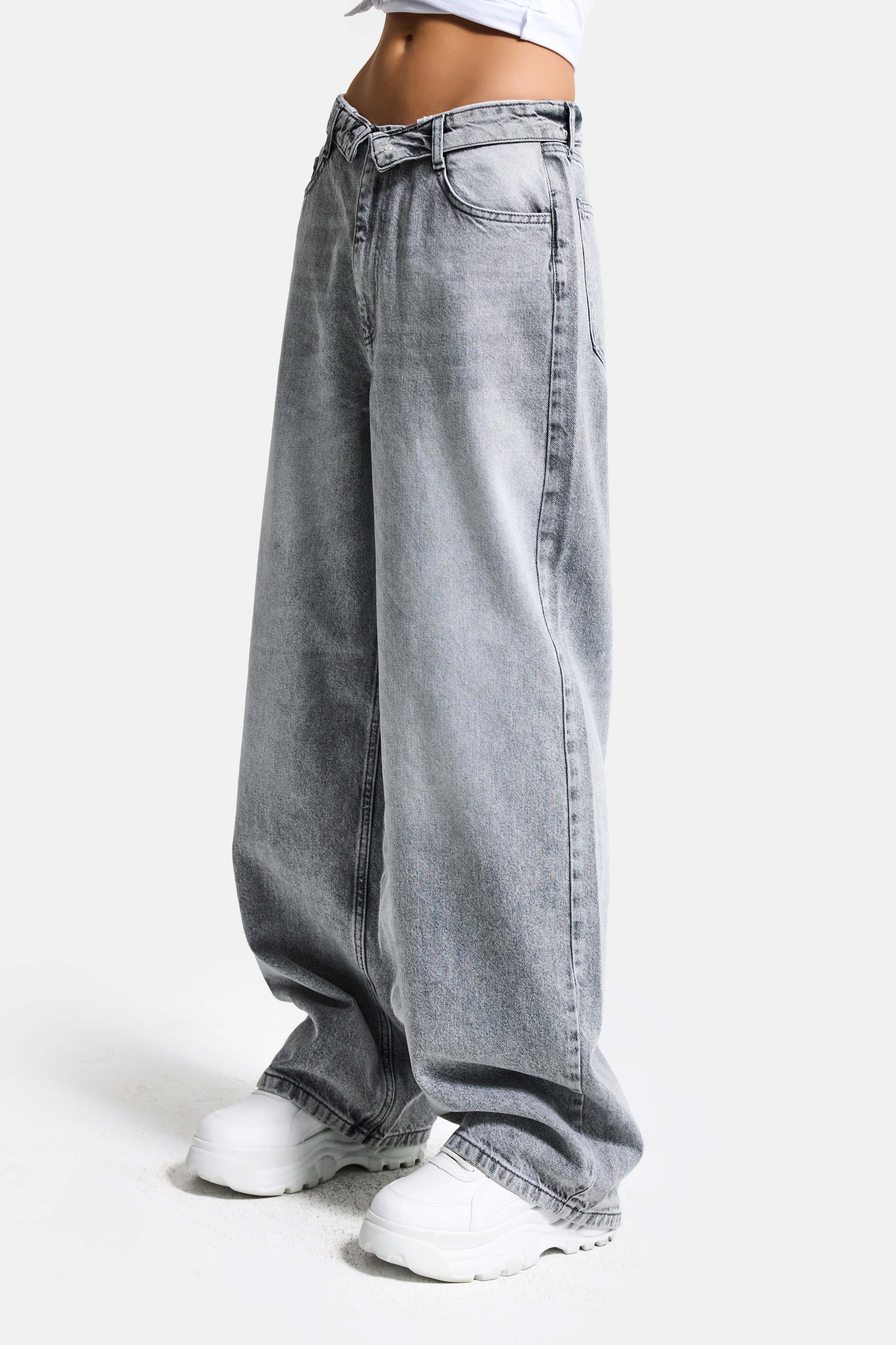 Kadın Gri 4s6-12 Straight Fit Kemer Detaylı Özel Tasarım Denim Jean