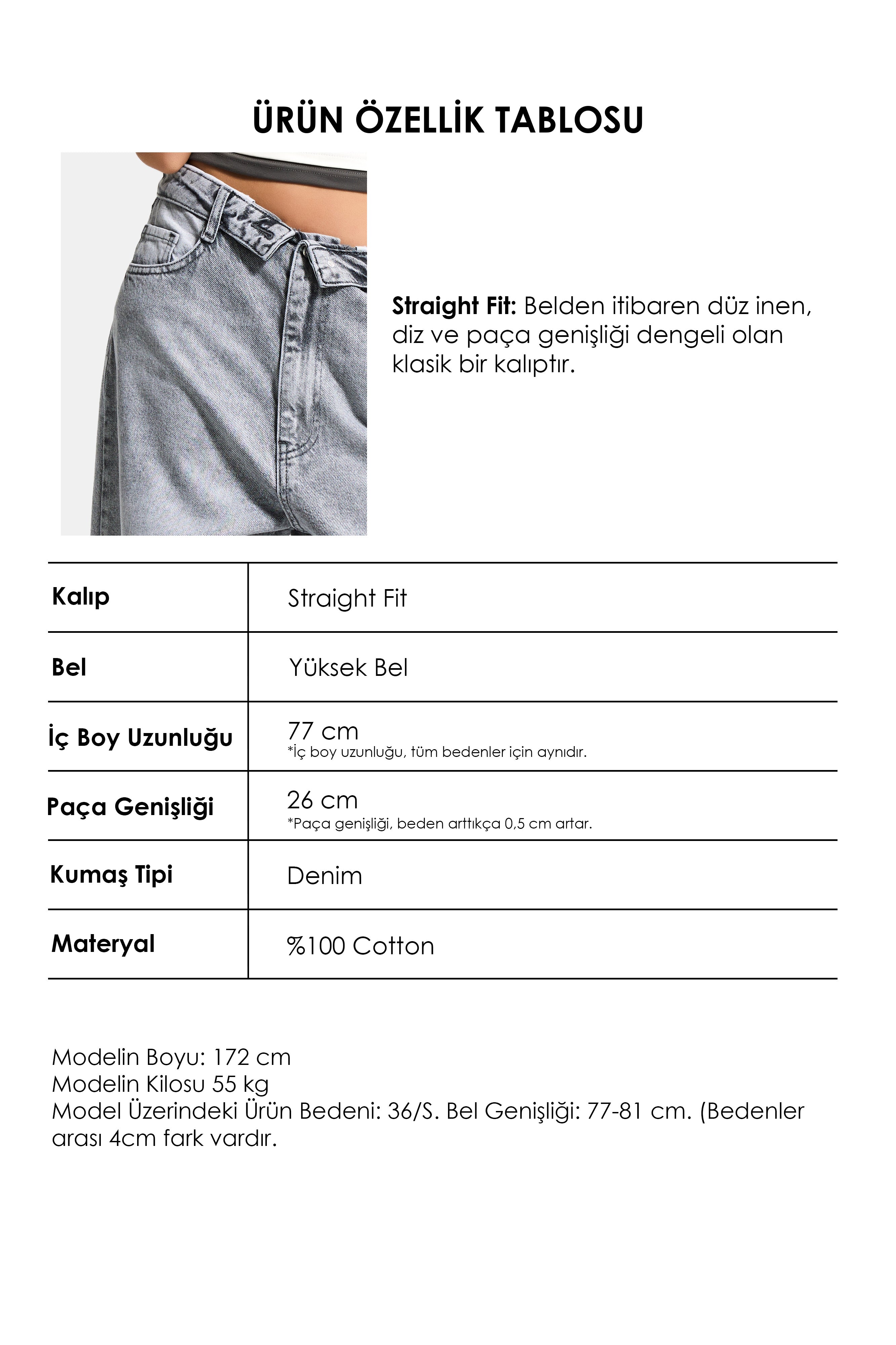 Kadın Gri 4s6-12 Straight Fit Kemer Detaylı Özel Tasarım Denim Jean