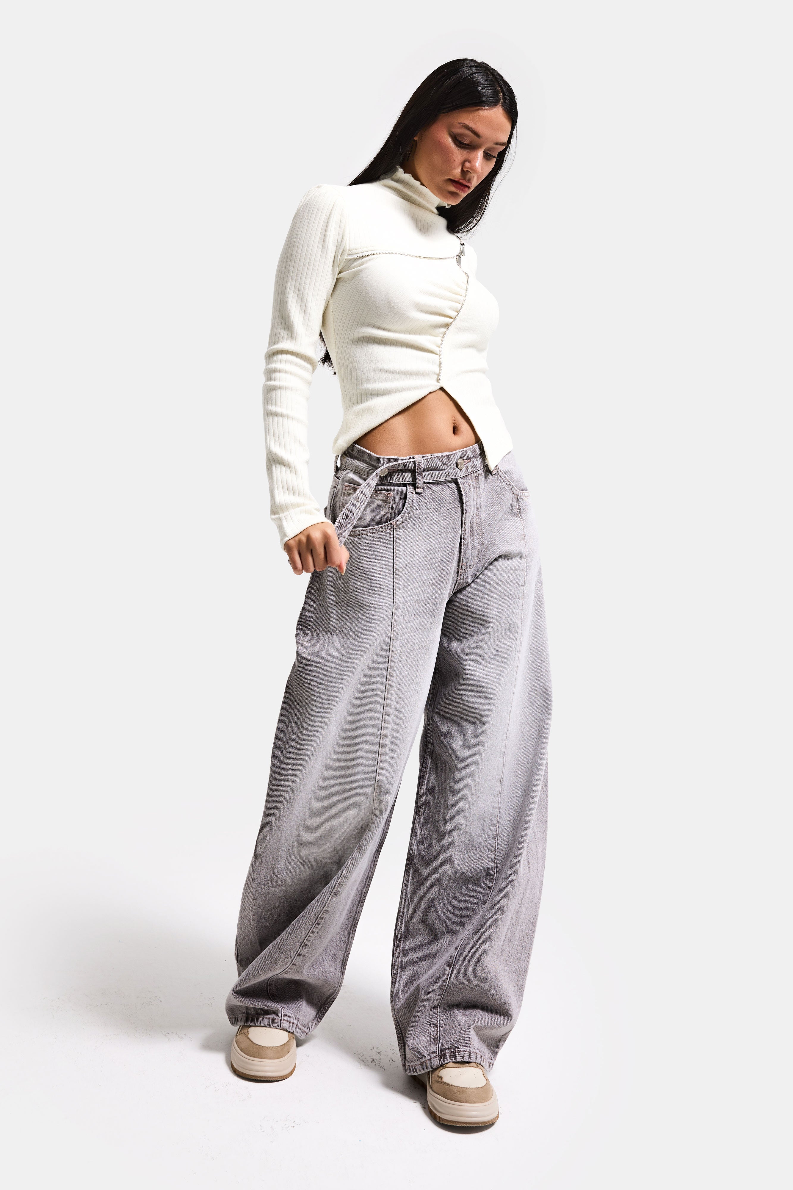 Kadın Gri 4s6-158 Low Rise Baggy Fit Kemer Detaylı Bol Kesim Denim Jean