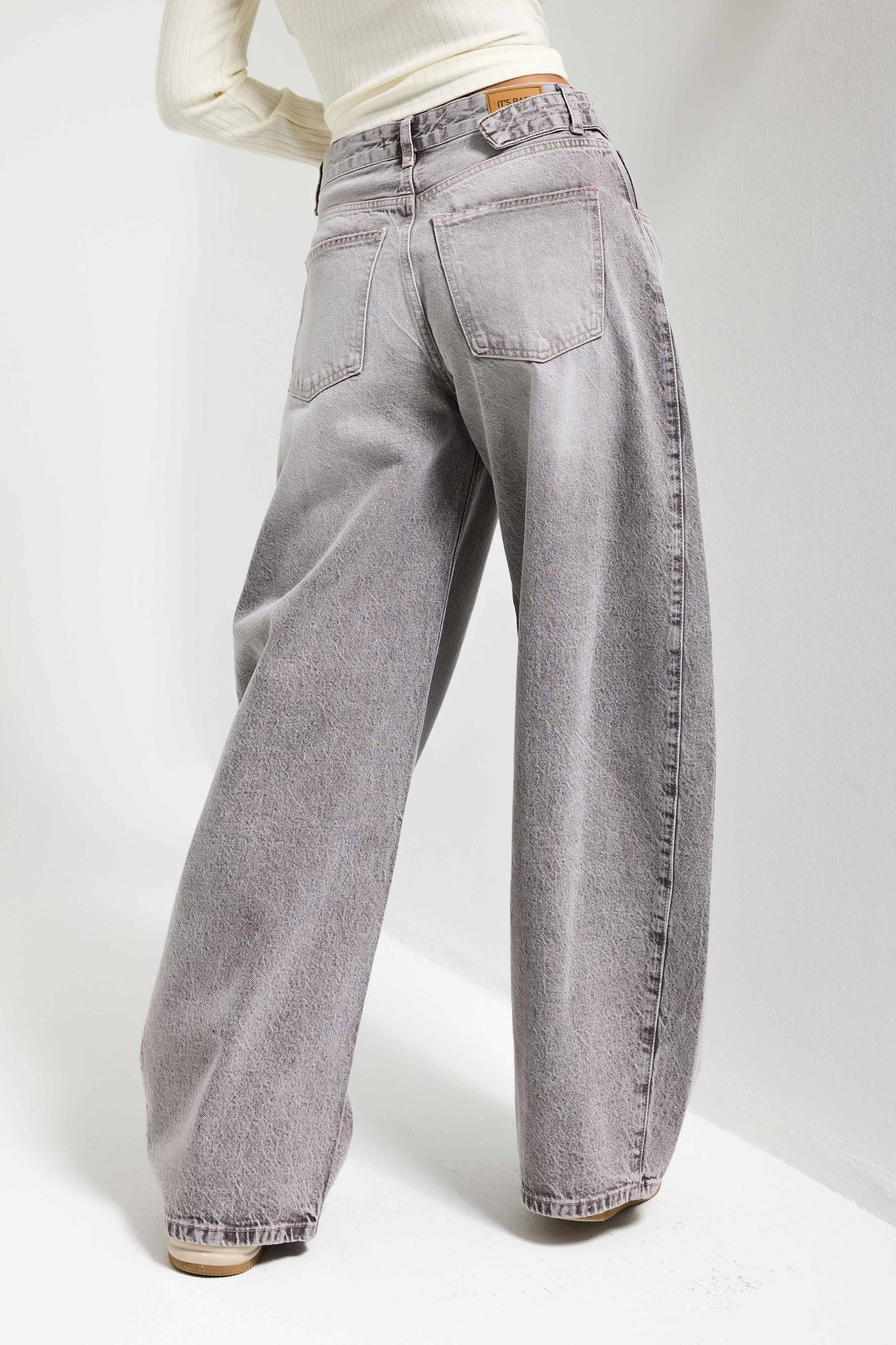 Kadın Gri 4s6-158 Low Rise Baggy Fit Kemer Detaylı Bol Kesim Denim Jean