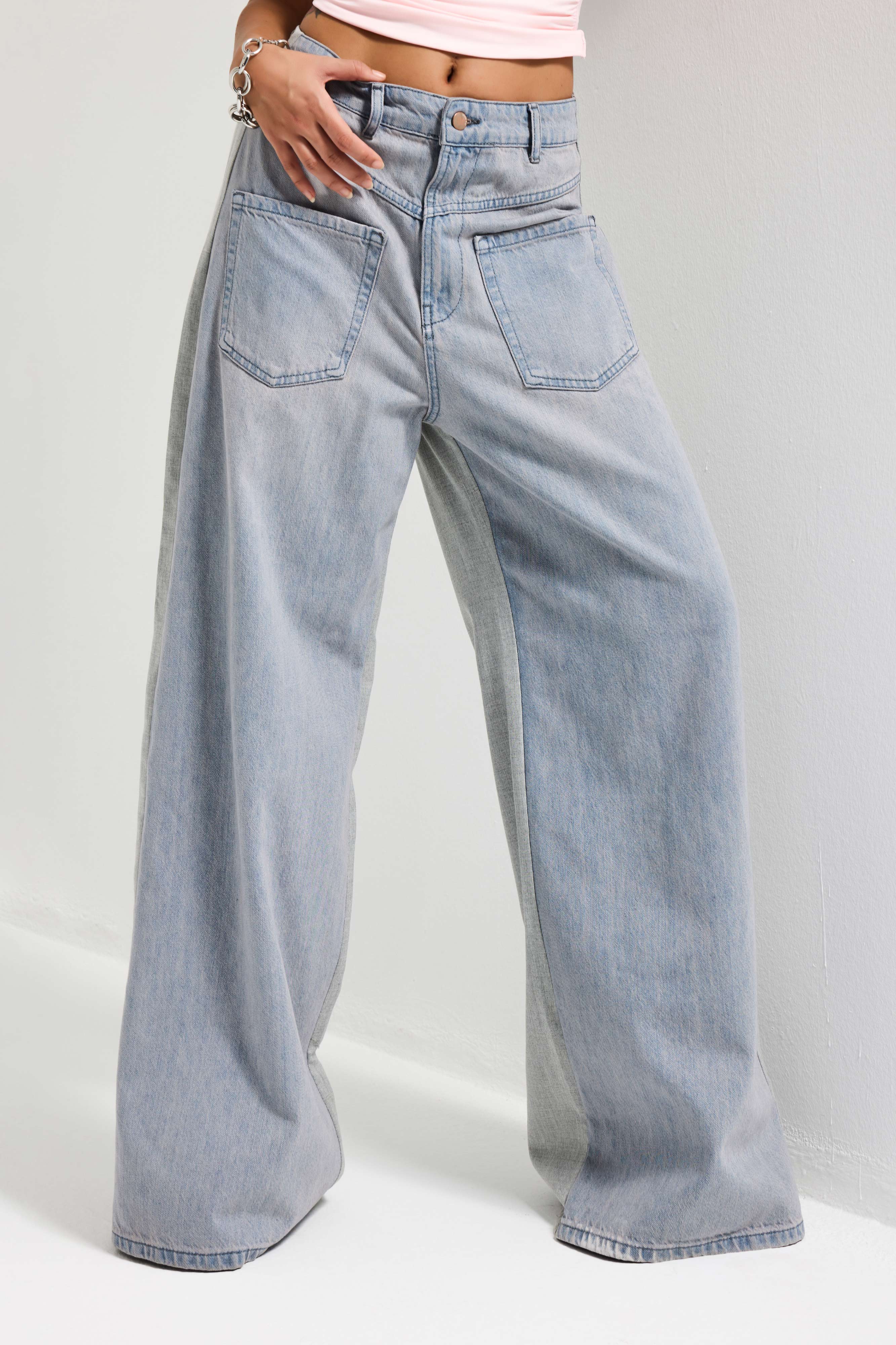 Kadın Gri Kot 2s6-89 Mega Baggy Çift Parça Önden Cepli Tasarım Denim Jean
