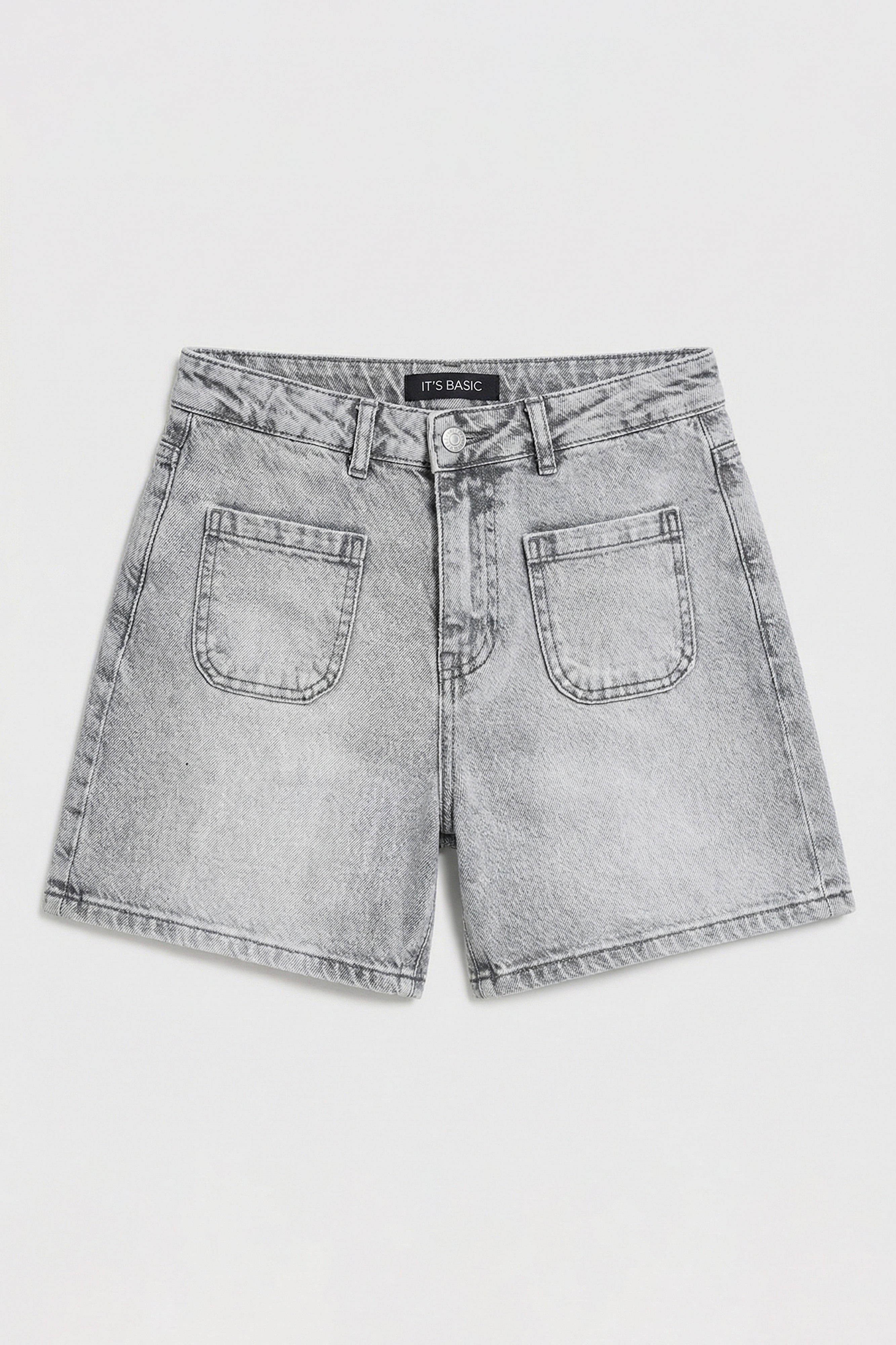 Kadın Gri Kot 4s6-12 Mom Fit Önden Cepli Denim Şort