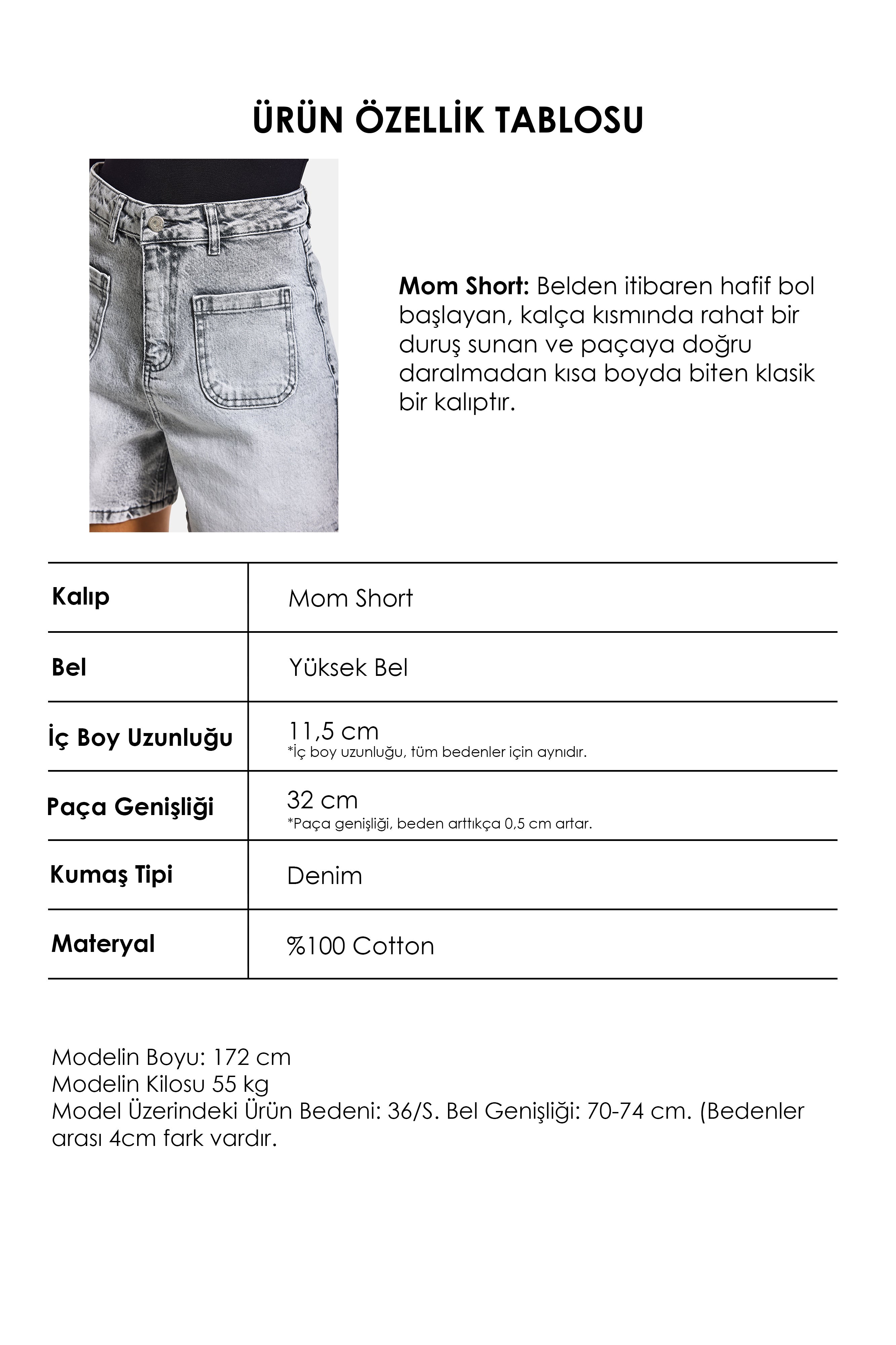 Kadın Gri Kot 4s6-12 Mom Fit Önden Cepli Denim Şort