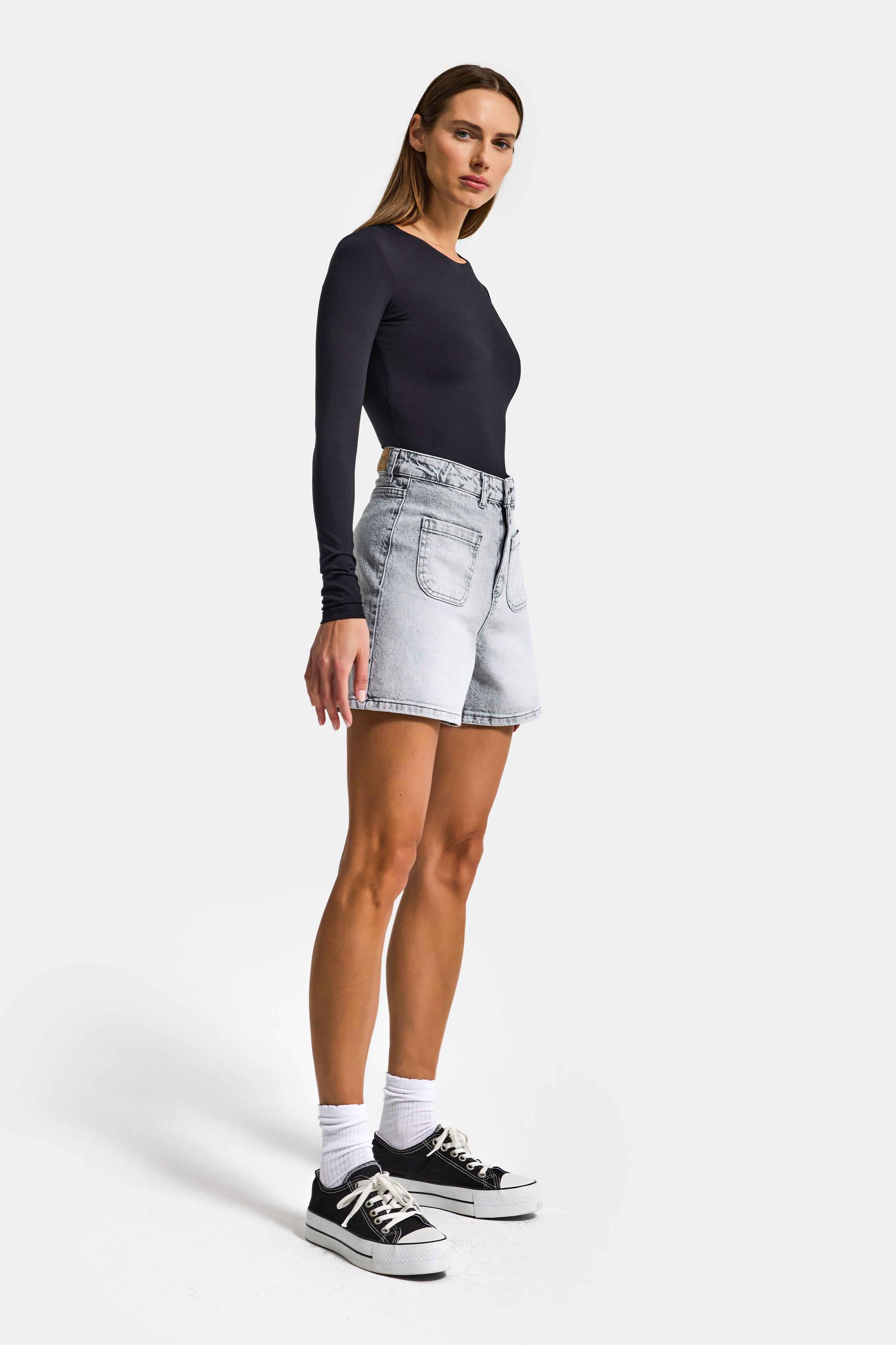 Kadın Gri Kot 4s6-12 Mom Fit Önden Cepli Denim Şort