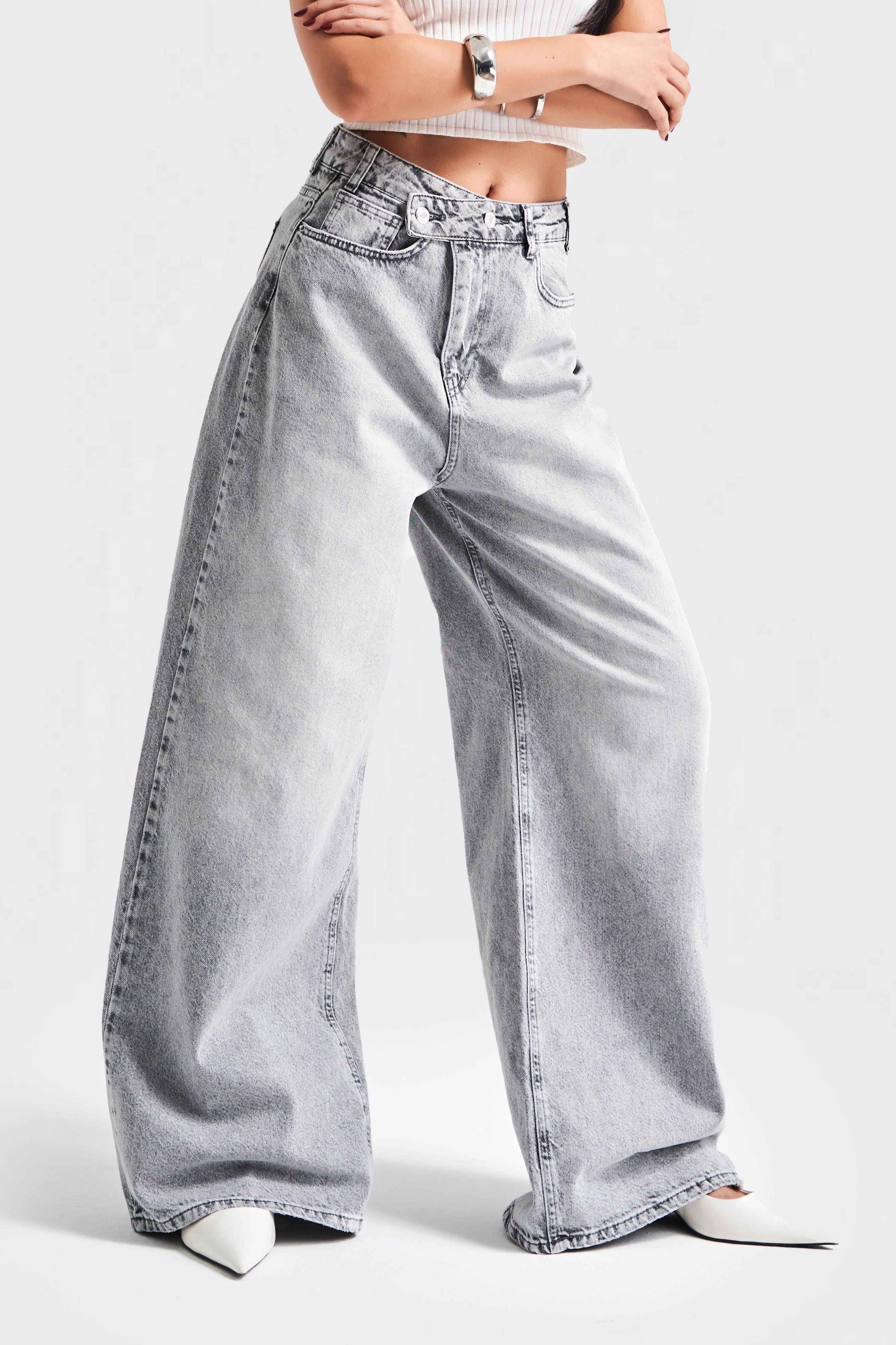 Kadın Gri Kot Rengi 4S5-12 Mega Baggy Fit Bol Kesim %100 Koton Denim Jean