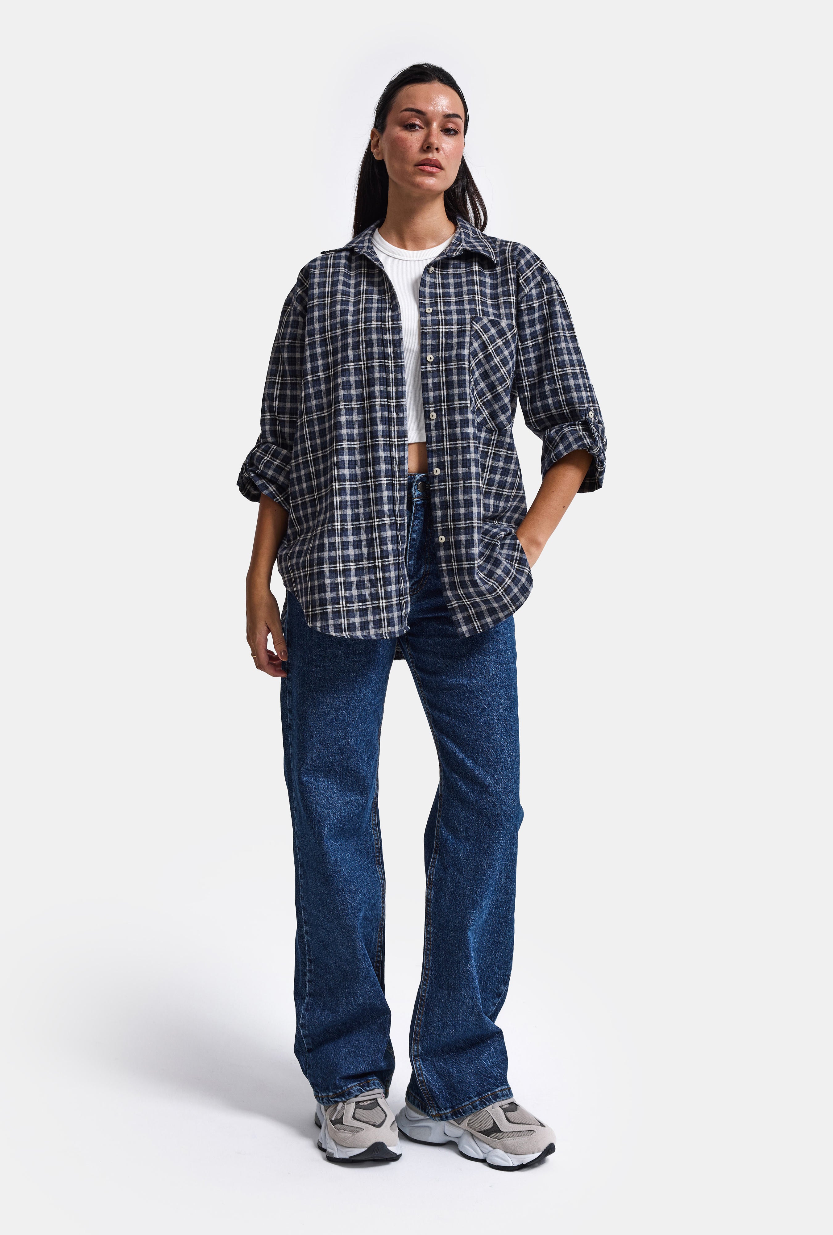 Kadın Gri Laci Ekose w6-54 Oversize Gömlek