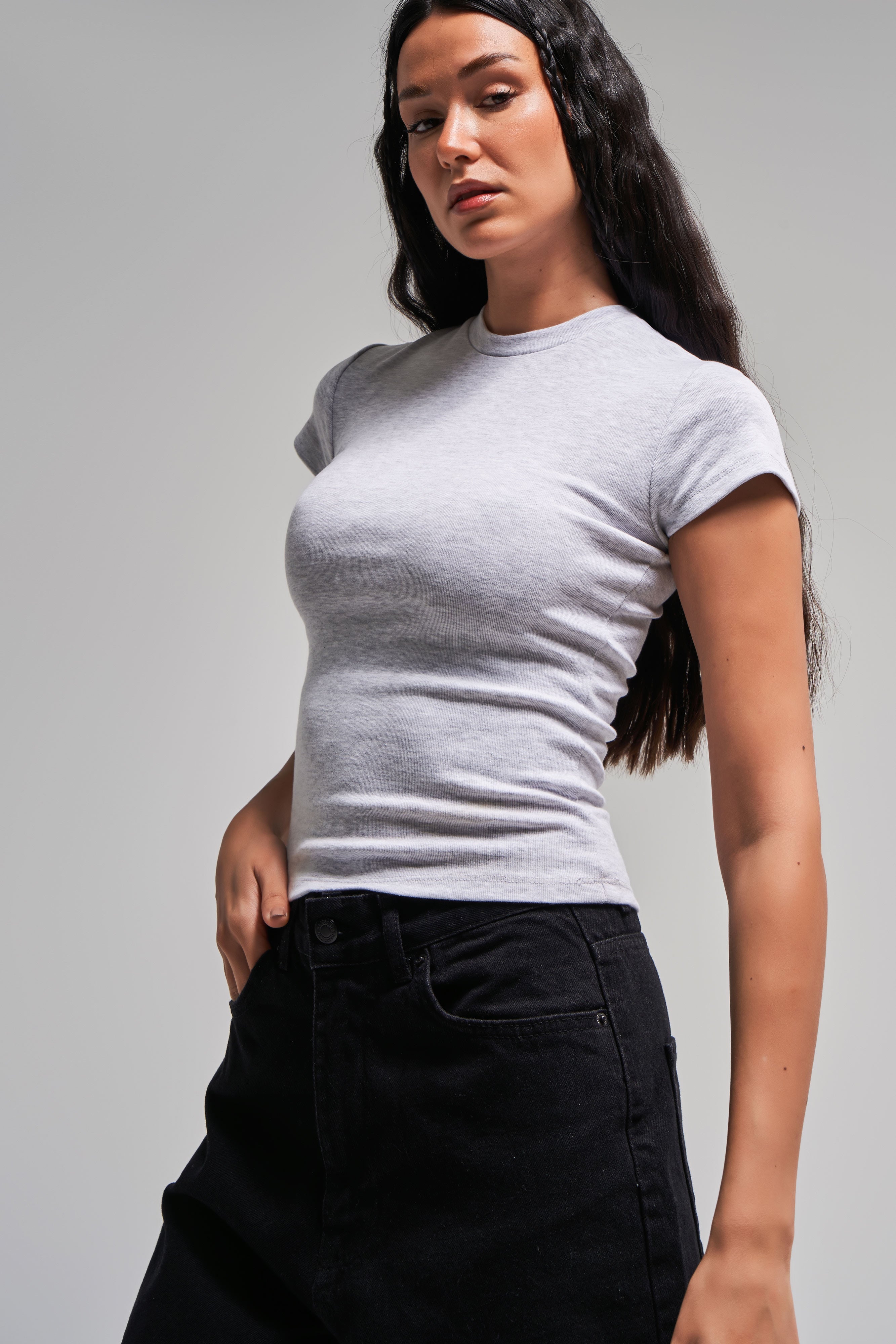 Kadın Gri-Melanj Renk s5-107 Süper Esnek Kumaş %100 Pamuk Bisiklet Yaka Basic Body