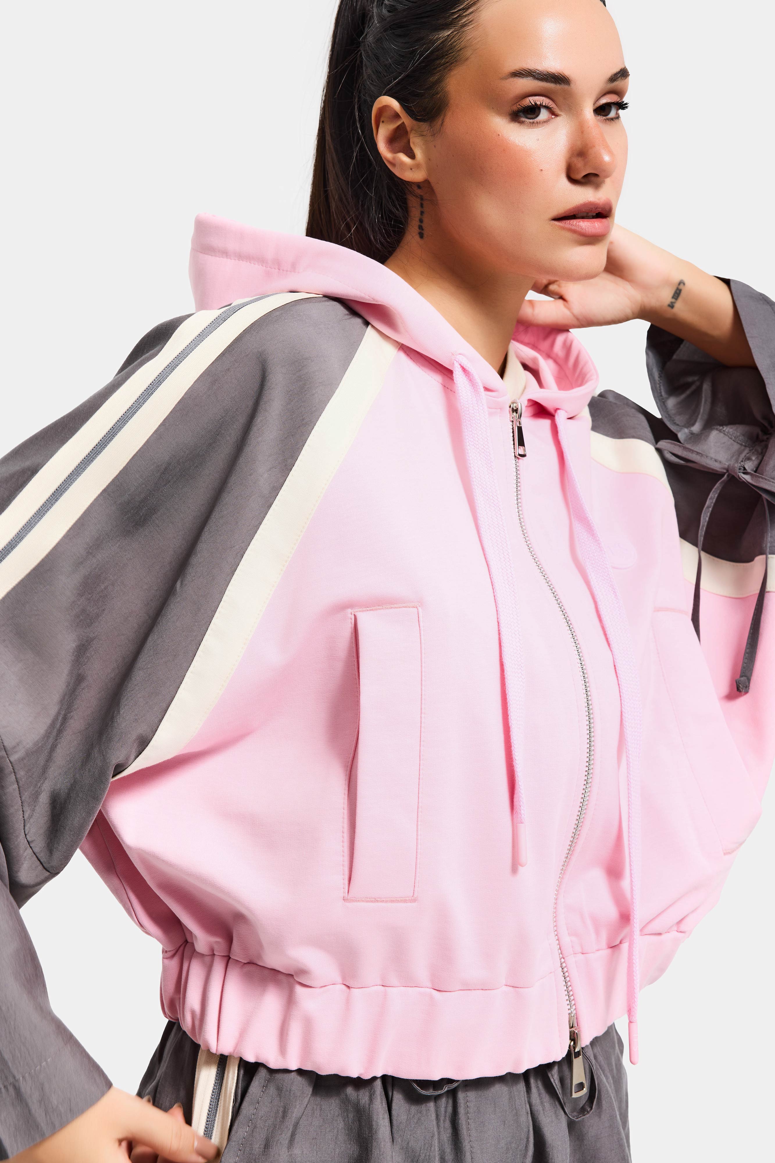 Kadın Gri Pembe s6-98 Oversize Şerit Detaylı Kapüşonlu Özel Tasarım Fermuarlı Sweatshirt