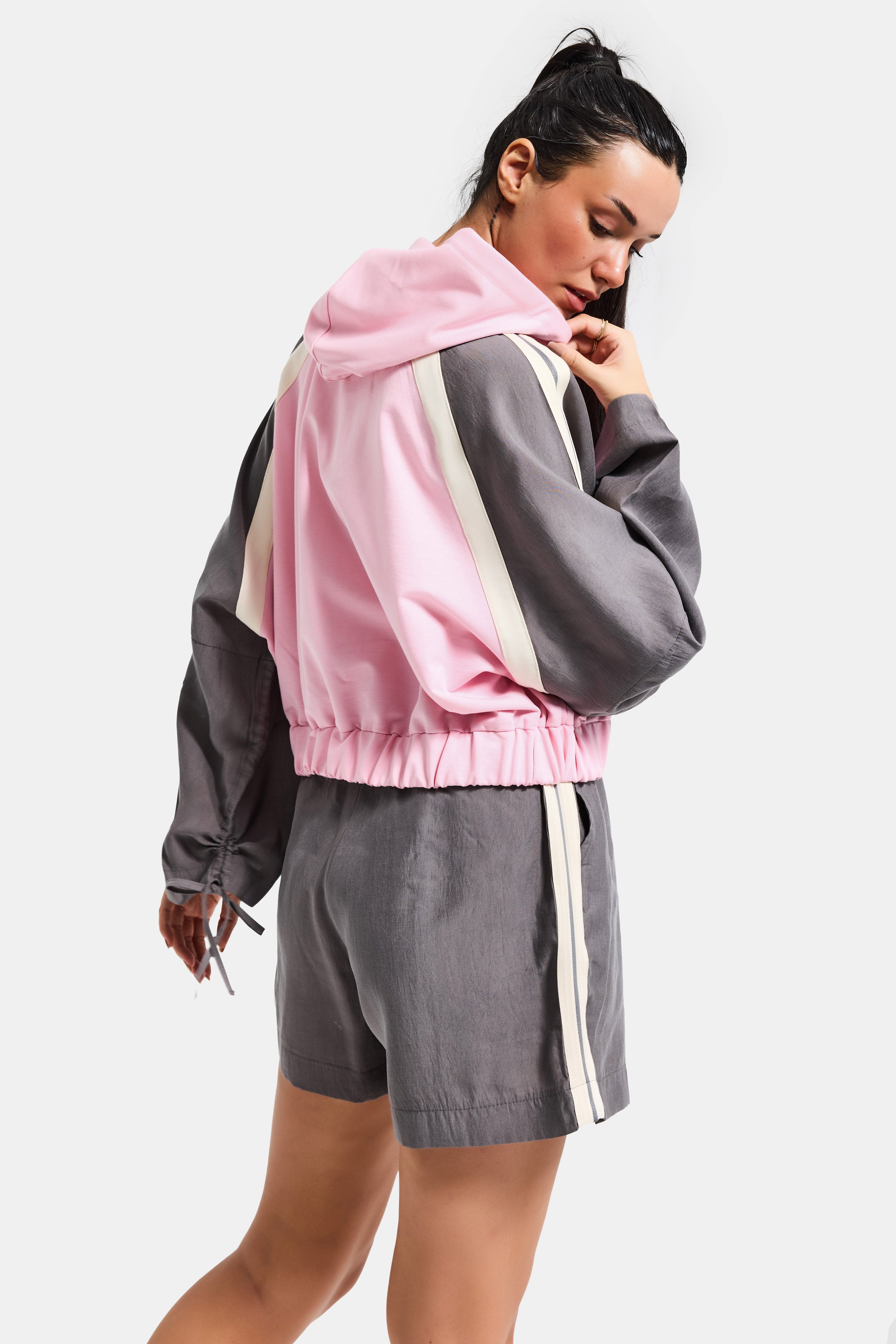 Kadın Gri Pembe s6-98 Oversize Şerit Detaylı Kapüşonlu Özel Tasarım Fermuarlı Sweatshirt