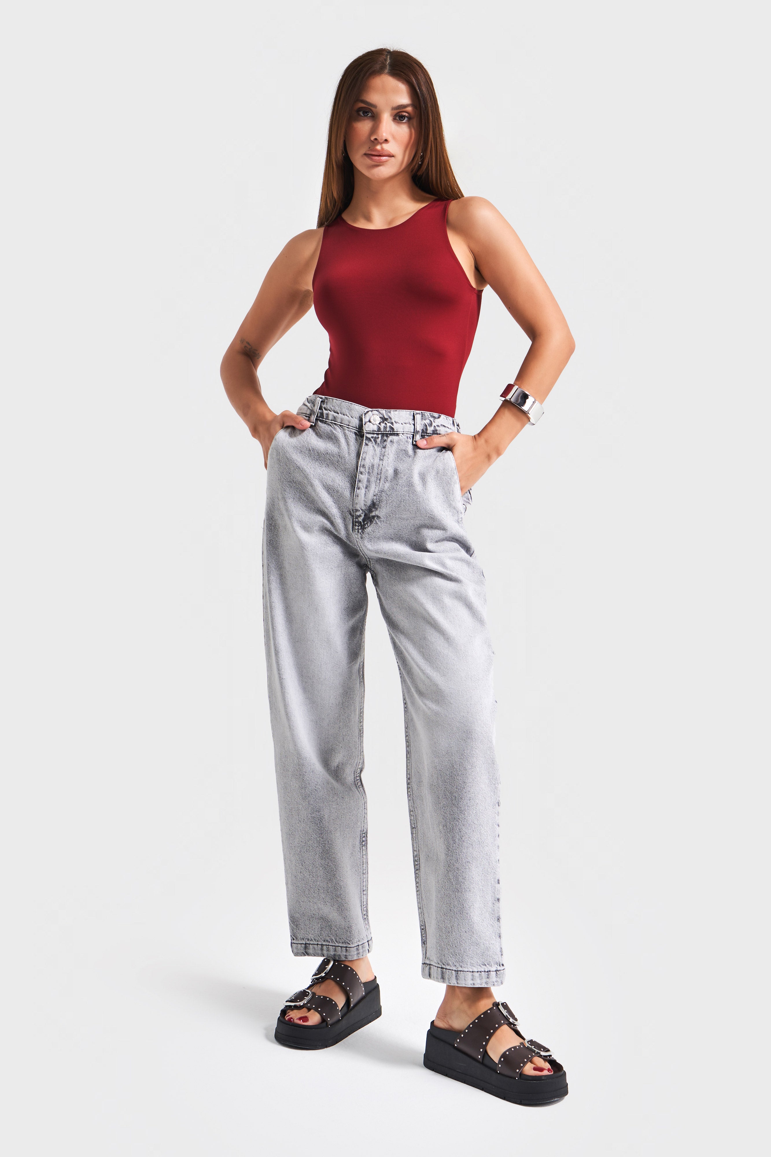Kadın Gri Renk 4s5-12 Carrot Fit %100 Koton Beli Lastikli Rahat Kalıp Denim Jean