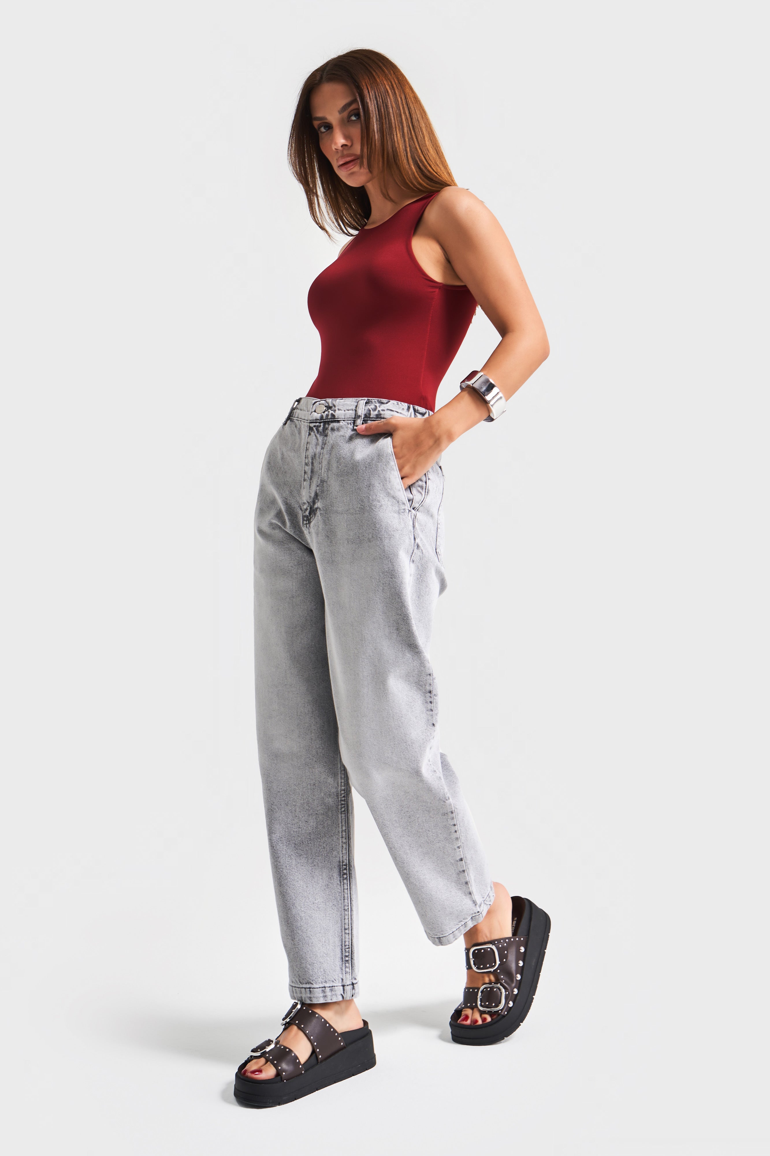 Kadın Gri Renk 4s5-12 Carrot Fit %100 Koton Beli Lastikli Rahat Kalıp Denim Jean