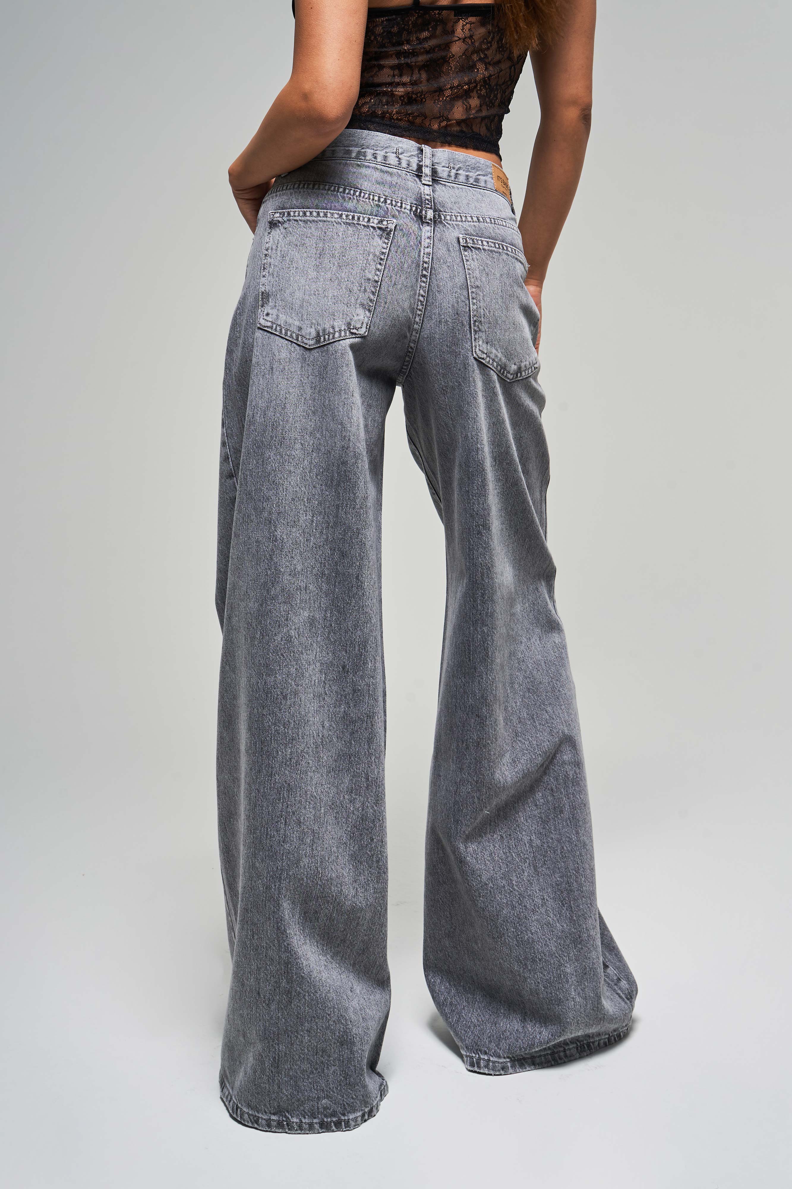 Kadın Gri Renk 4s5-13 Palazzo Fit Bol Kesim %100 Koton Orta Bel Denim Jean