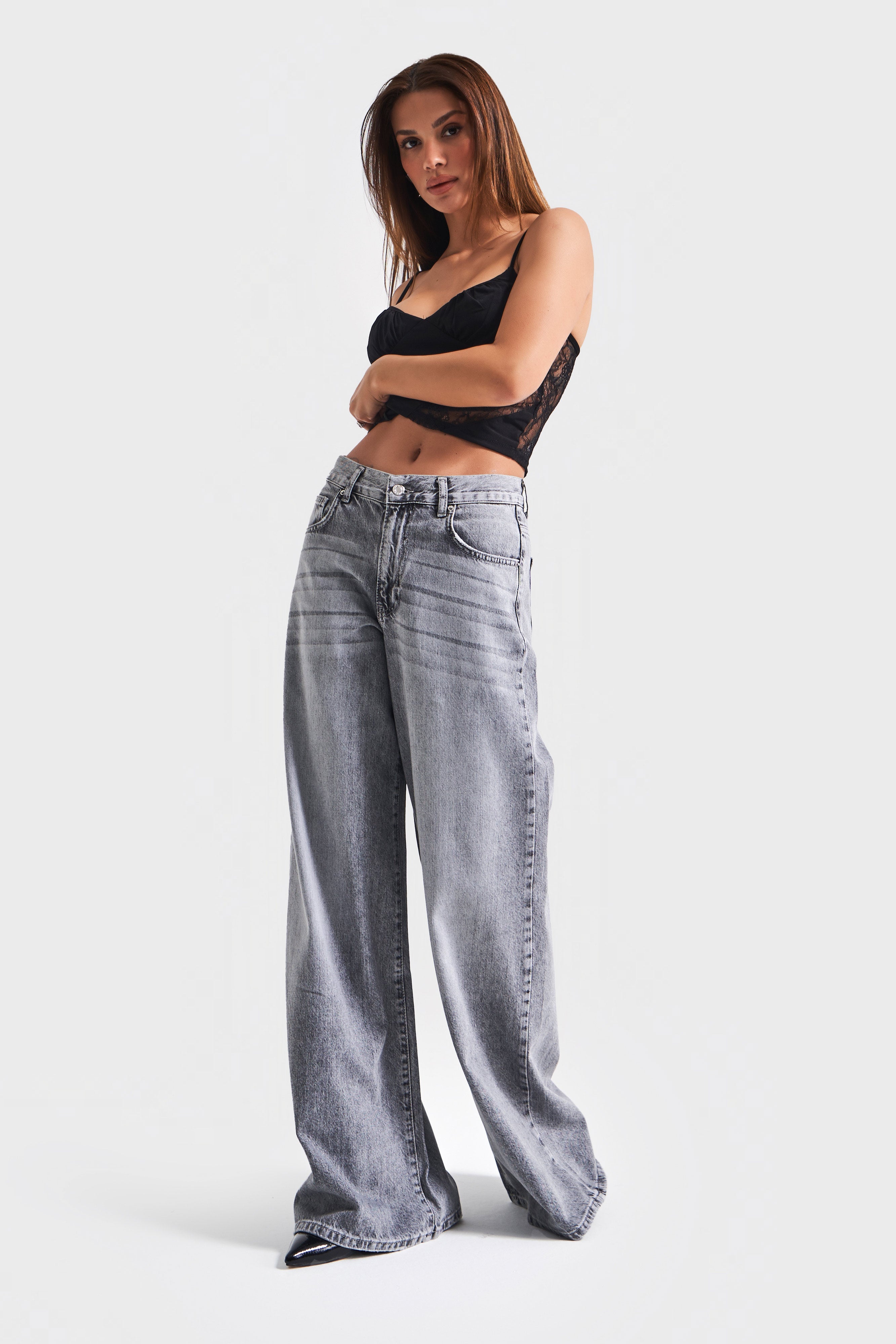 Kadın Gri Renk Hera 4s5-13 Palazzo Fit Bol Kesim %100 Koton Orta Bel Denim Jean