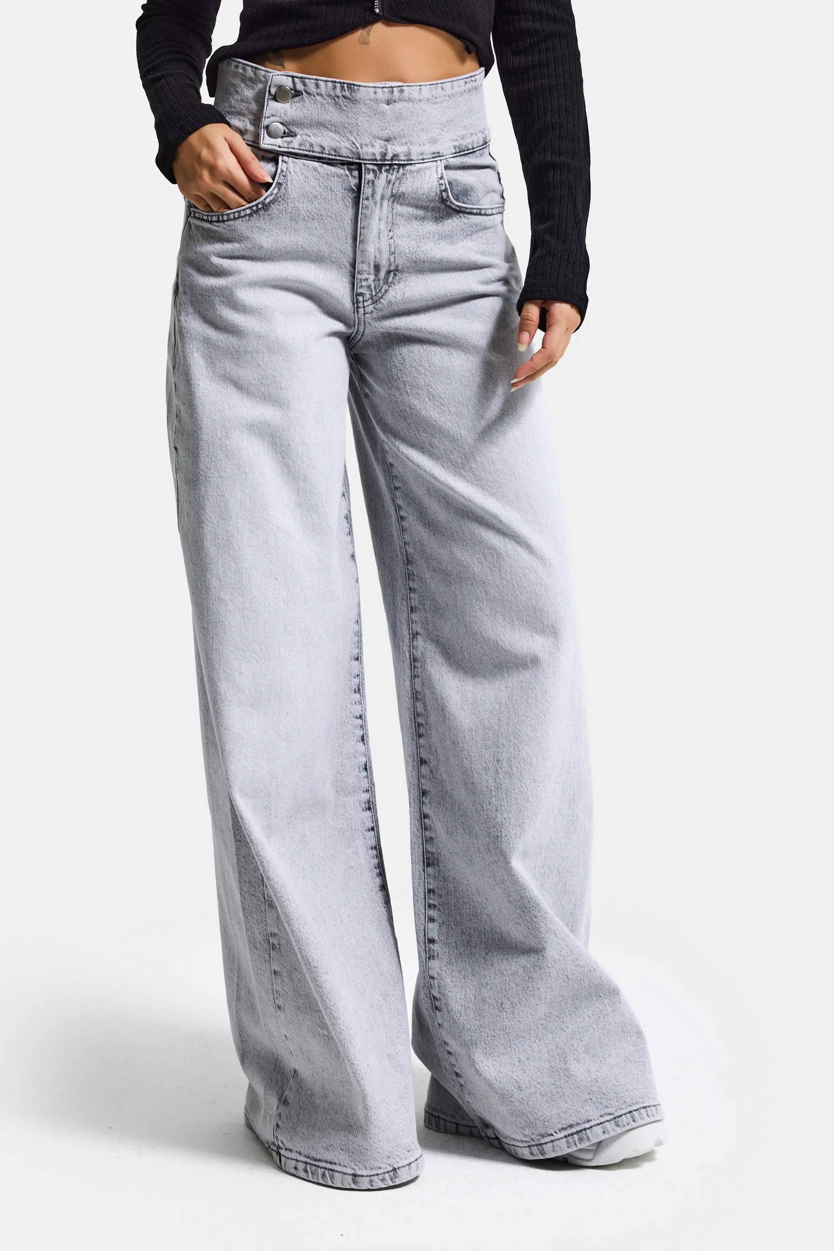 Kadın Gri Renk 4s6-12 Palazzo Fit Kemer Detaylı Elastan Kumaş Denim Jean