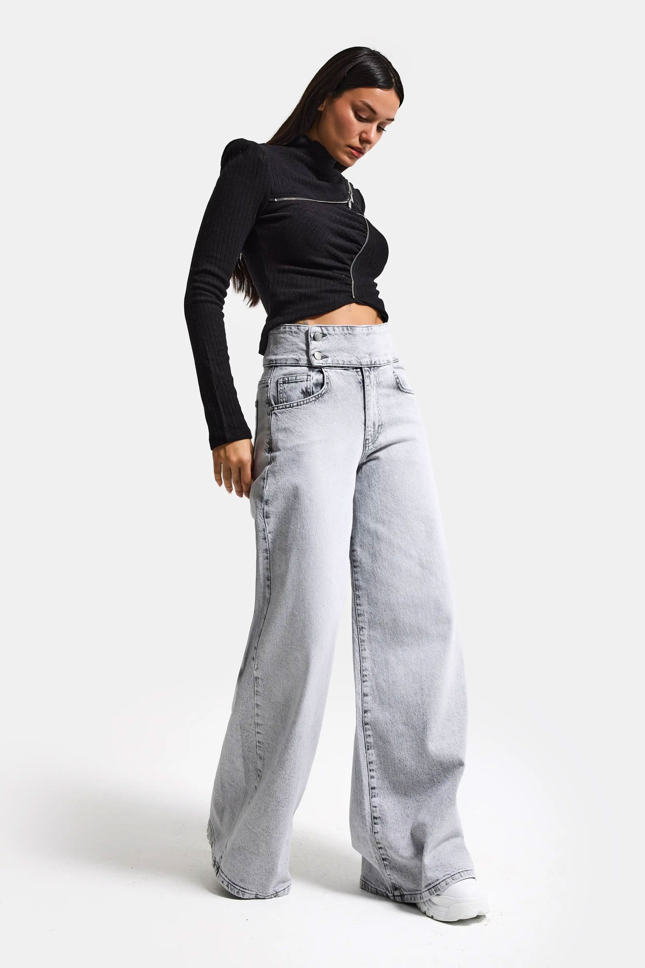 Kadın Gri Renk 4s6-12 Palazzo Fit Kemer Detaylı Elastan Kumaş Denim Jean