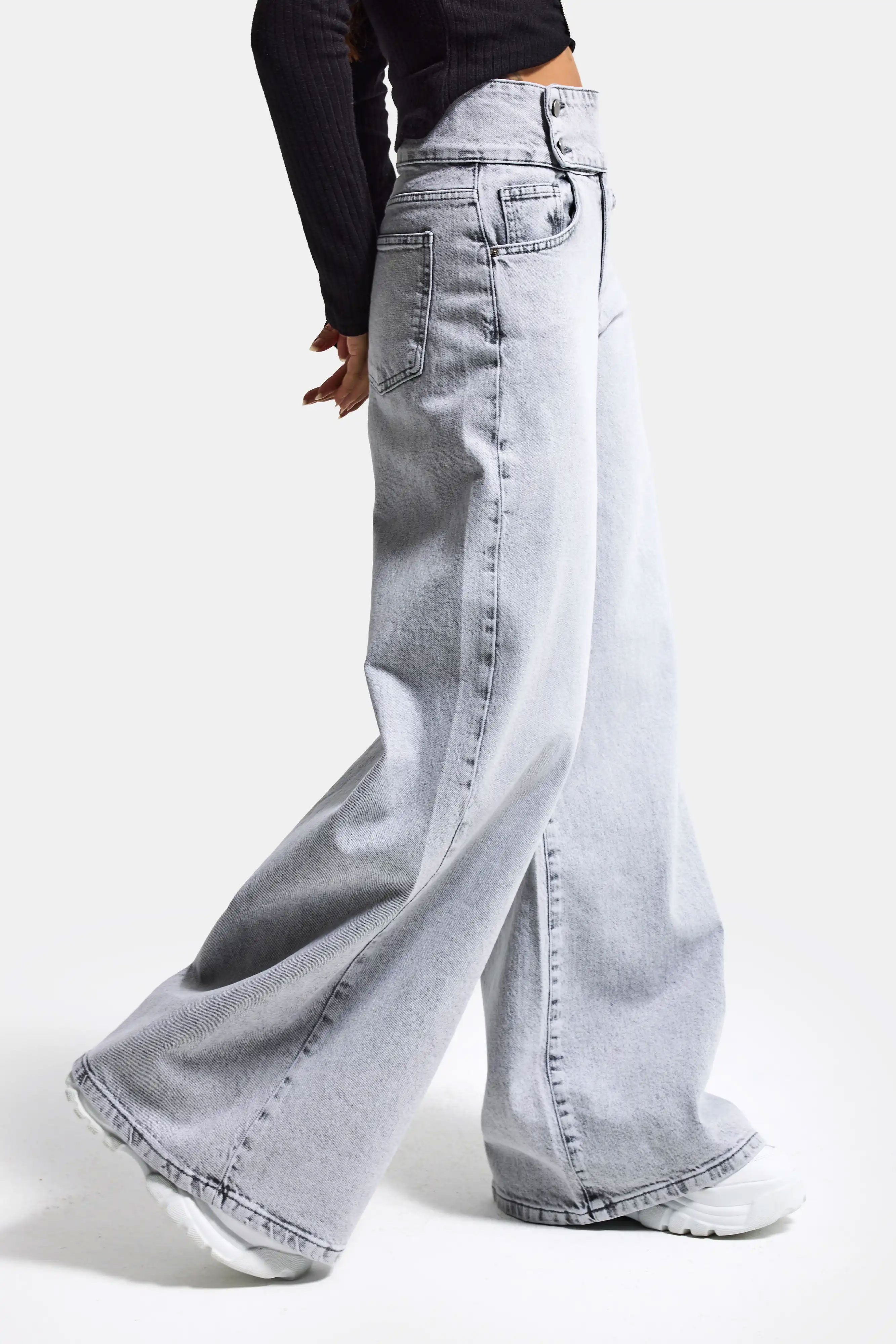 Kadın Gri Renk 4s6-12 Palazzo Fit Kemer Detaylı Elastan Kumaş Denim Jean