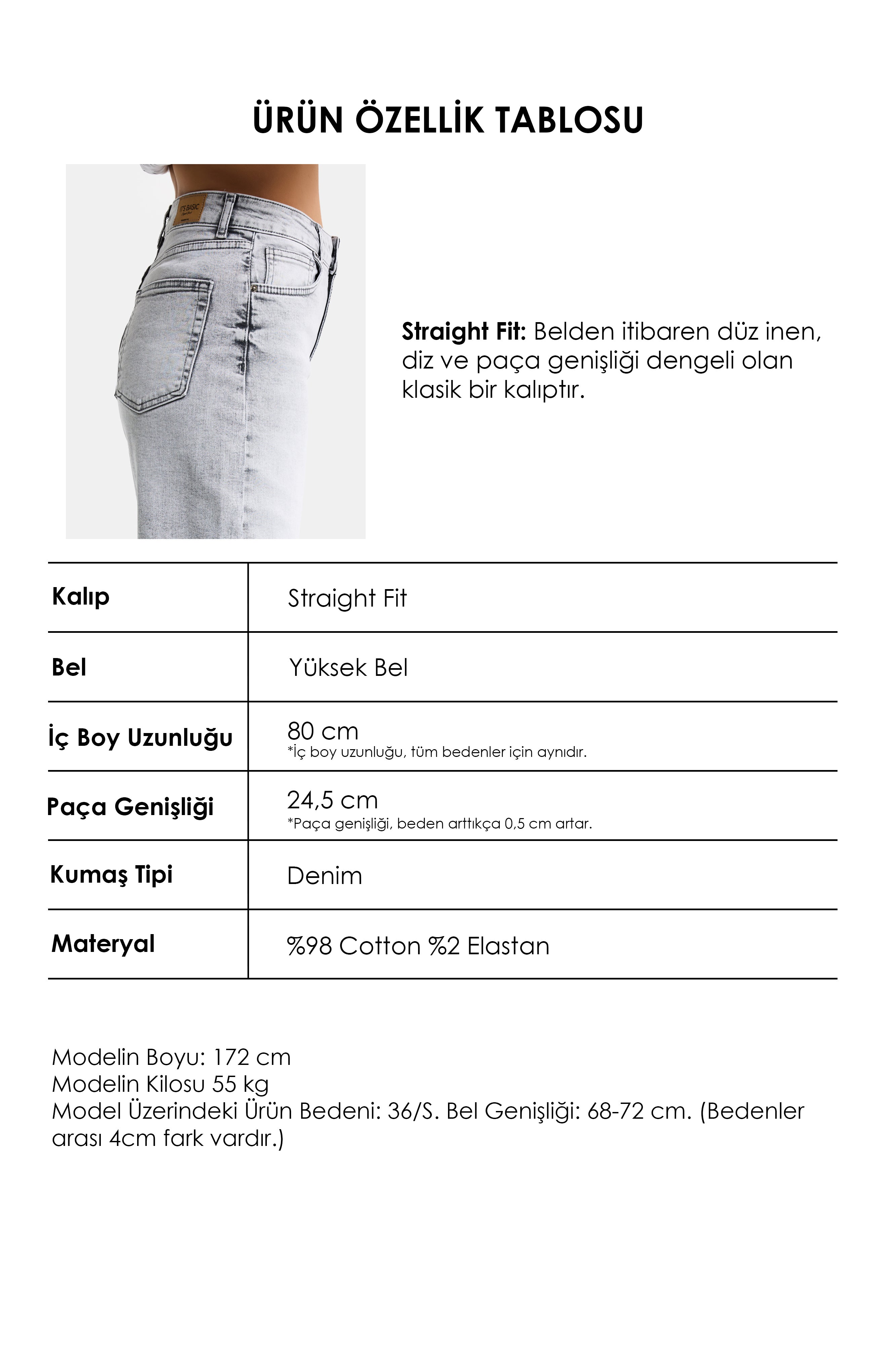 Kadın Gri Renk 4s6-12 Straight Fit Yüksek Bel Elastan Kumaş Denim Jean