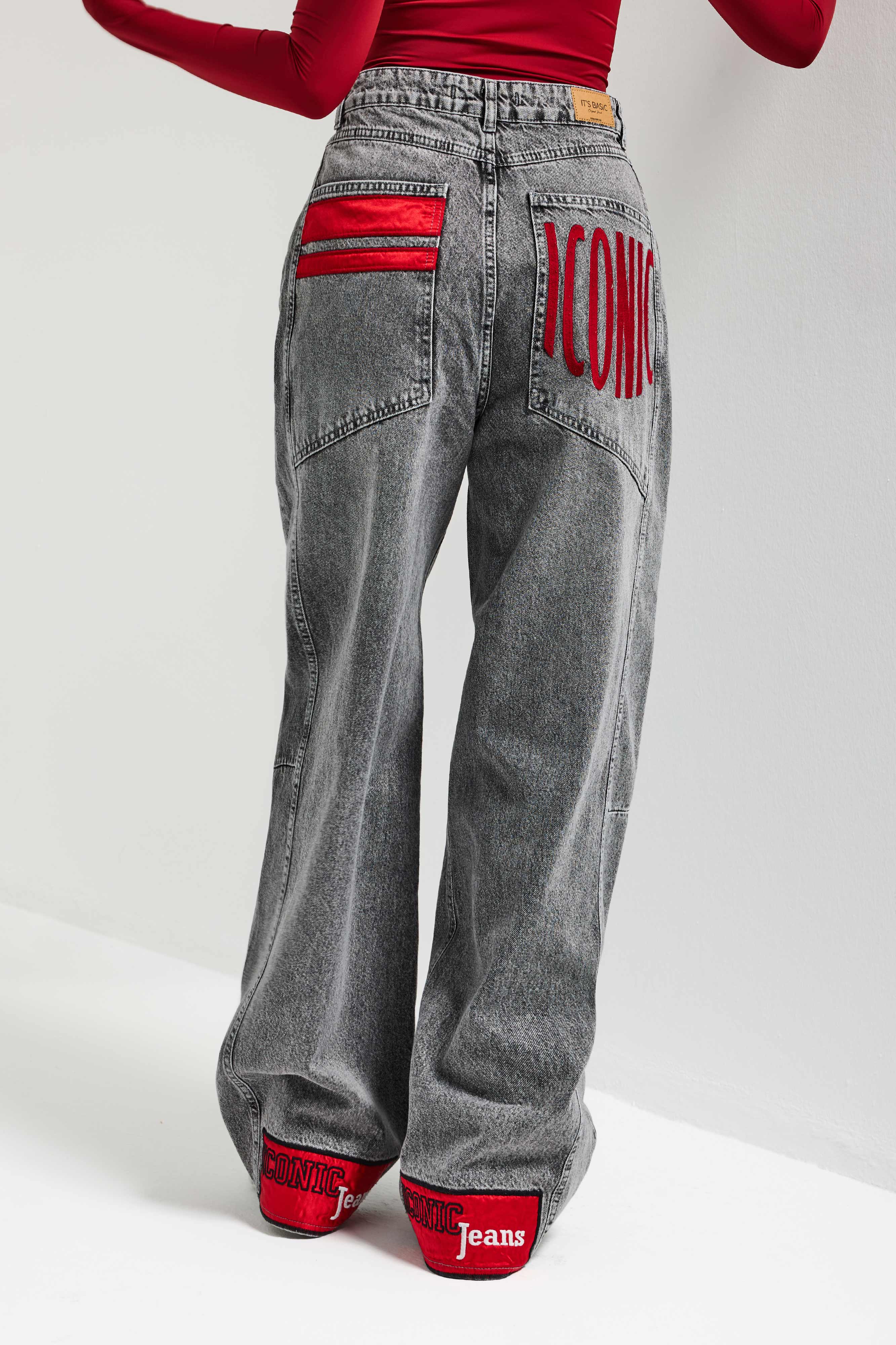 Kadın Gri Renk 4s6-13 Mega Baggy Fit Paça ve Cep Detaylı Özel Tasarım Denim Jean