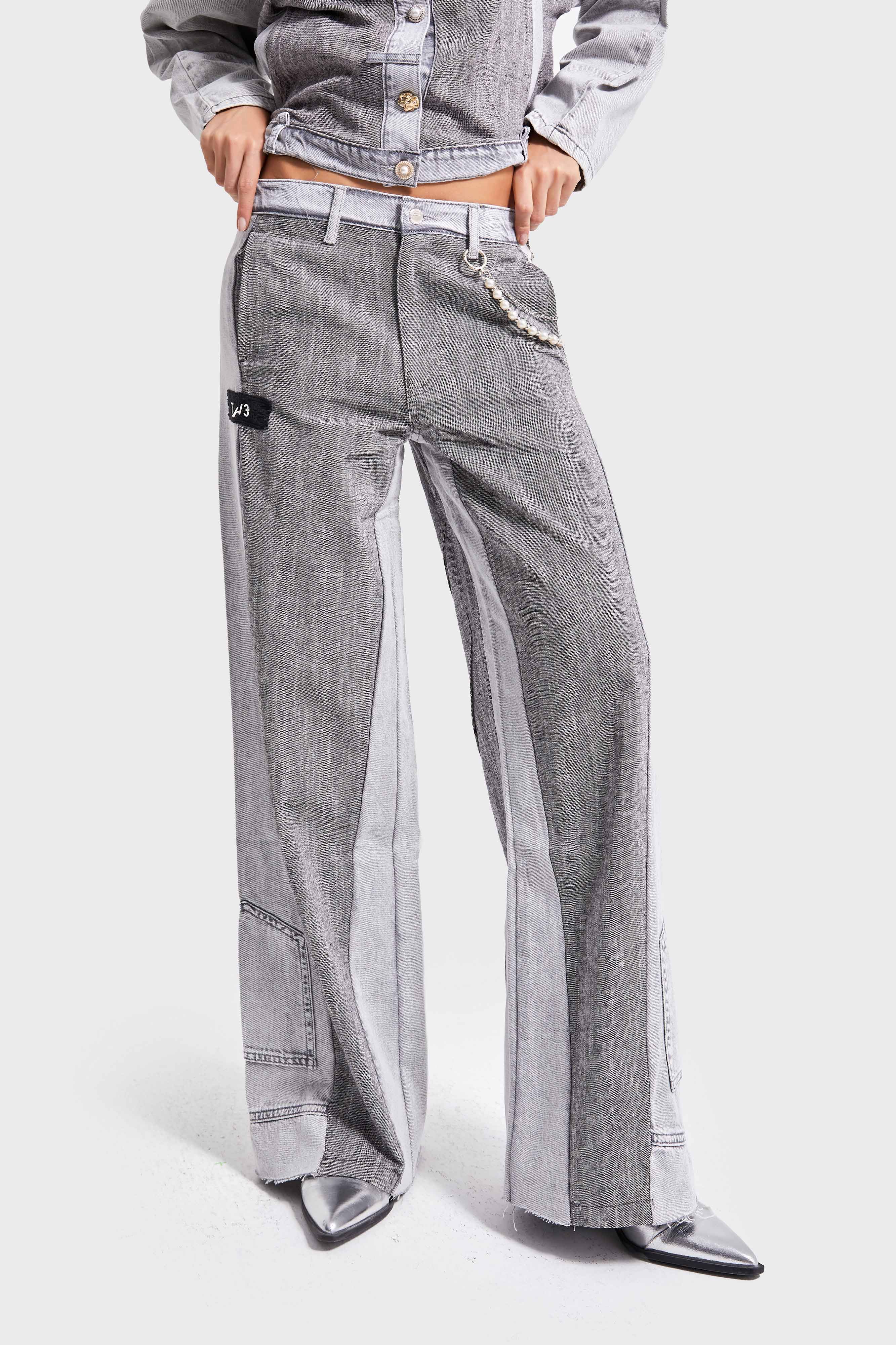 Kadın Gri Renk Kumaş ve Denim Parçalı Aksesuar Detaylı Özel Tasarım Pantolon