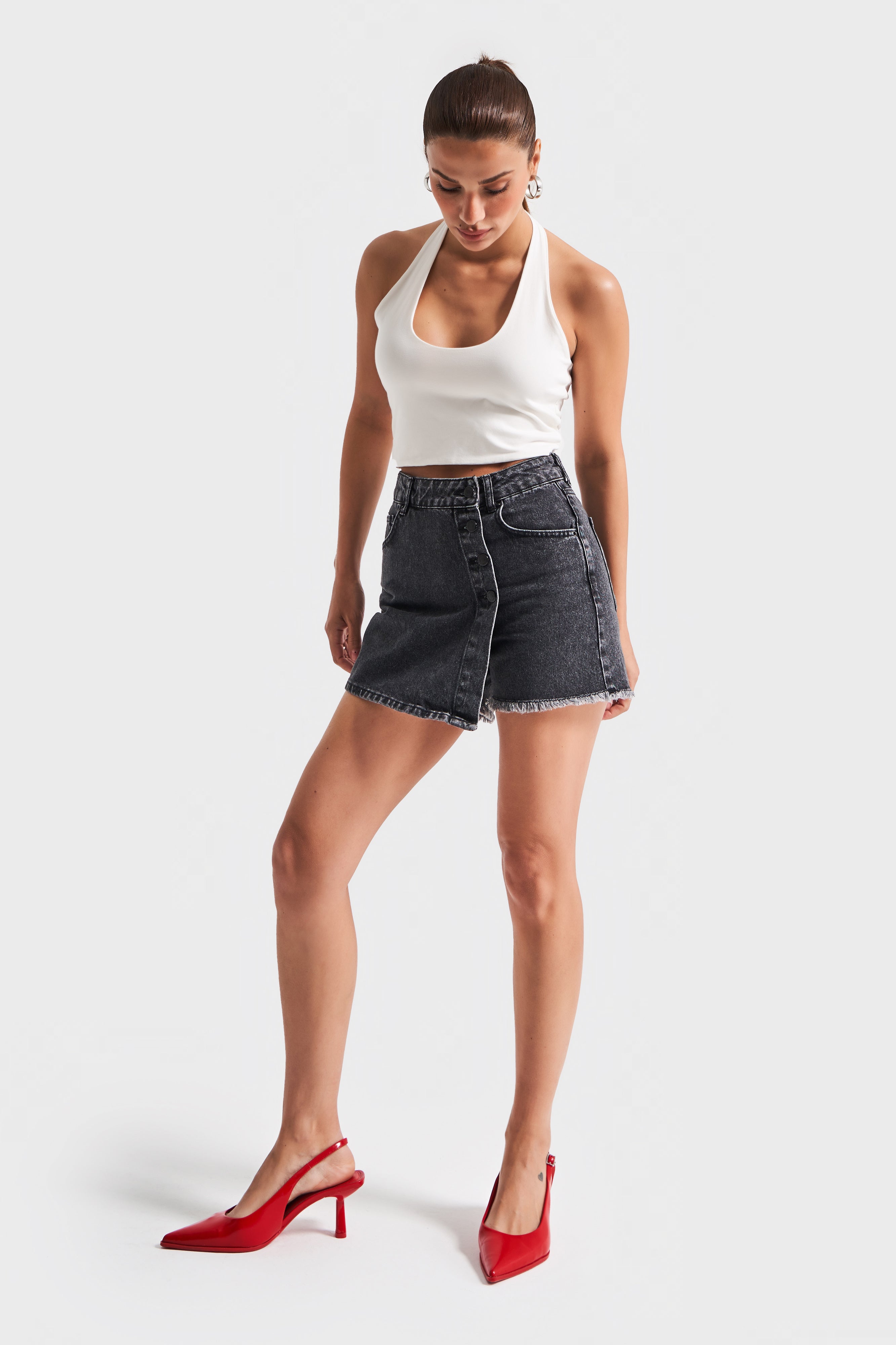 Women's Gray Color Front Button Denim Shorts Skirt